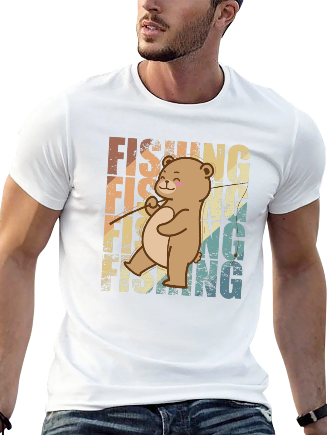 Fishing Bear Graphic Tee - Retro Style