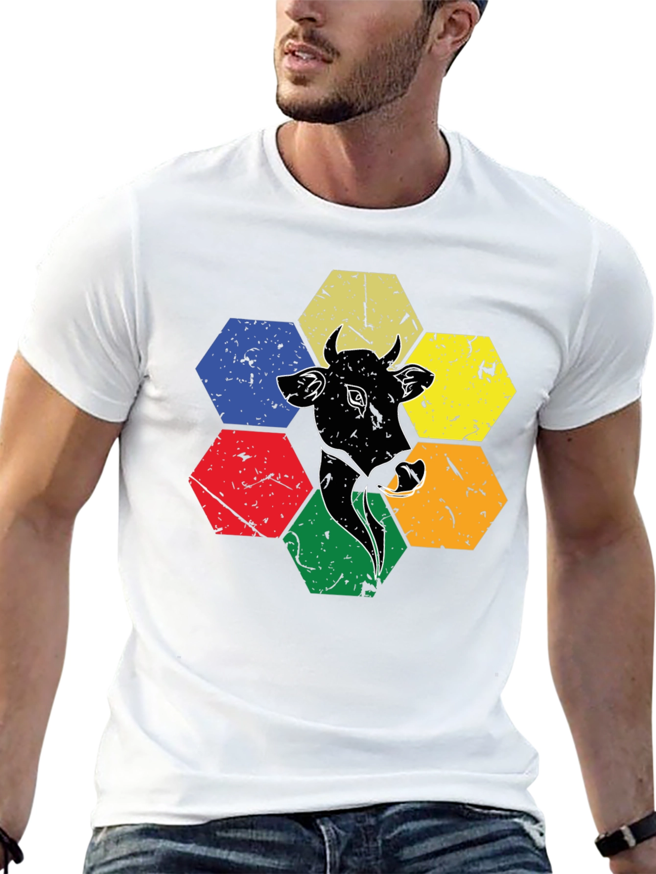 Cow Graphic Tee: Retro Hexagon Animal T-Shirt