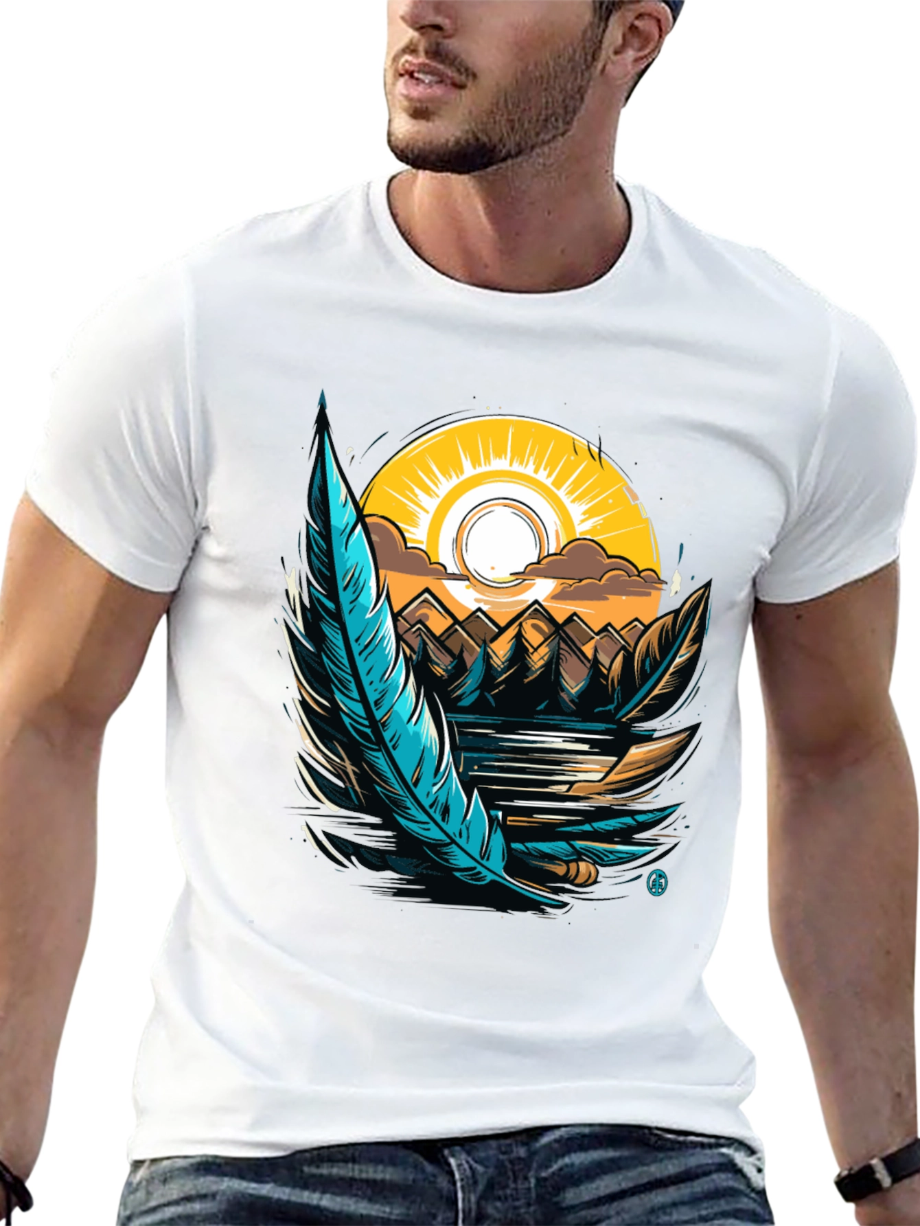 Nature Graphic Tee: Feather Sunset Design