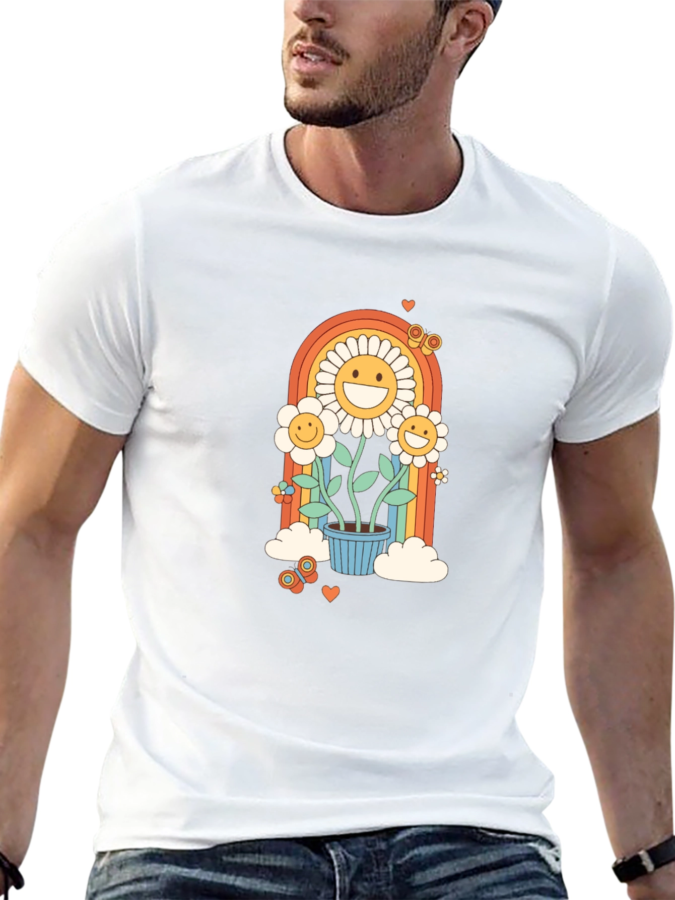 Retro Flower Power Graphic Tee - Black Cotton Blend