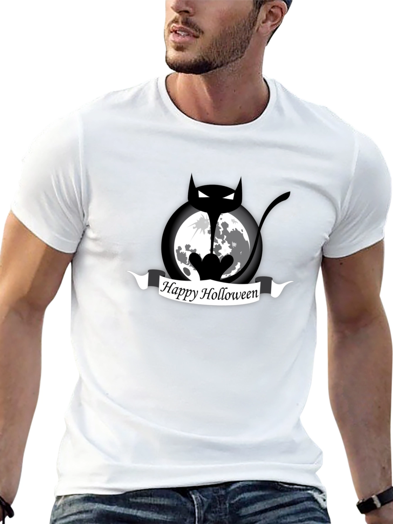 Happy Holloween Cat Moon Black T-Shirt