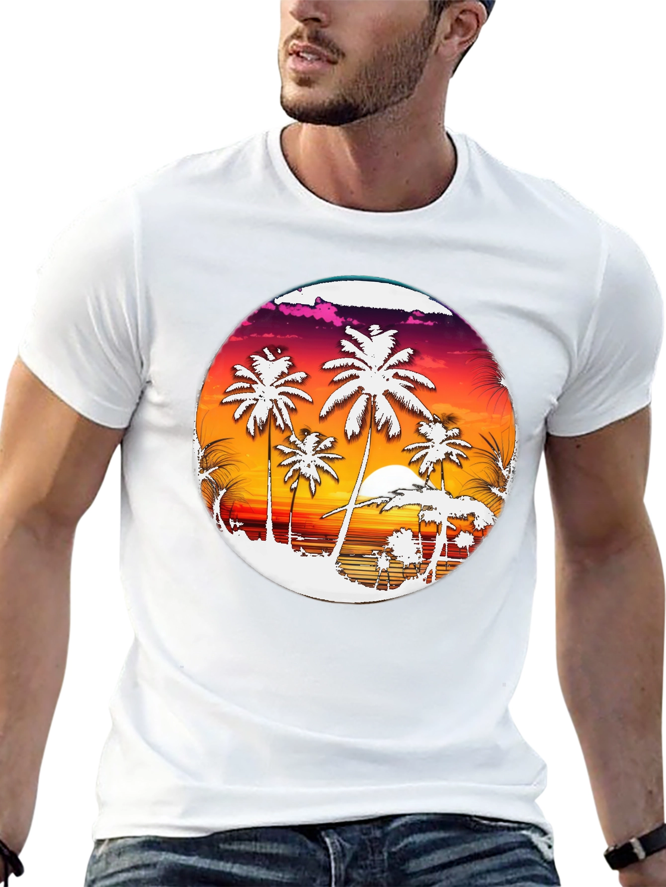 Tropical Sunset Palm Tree Graphic Tee - Black