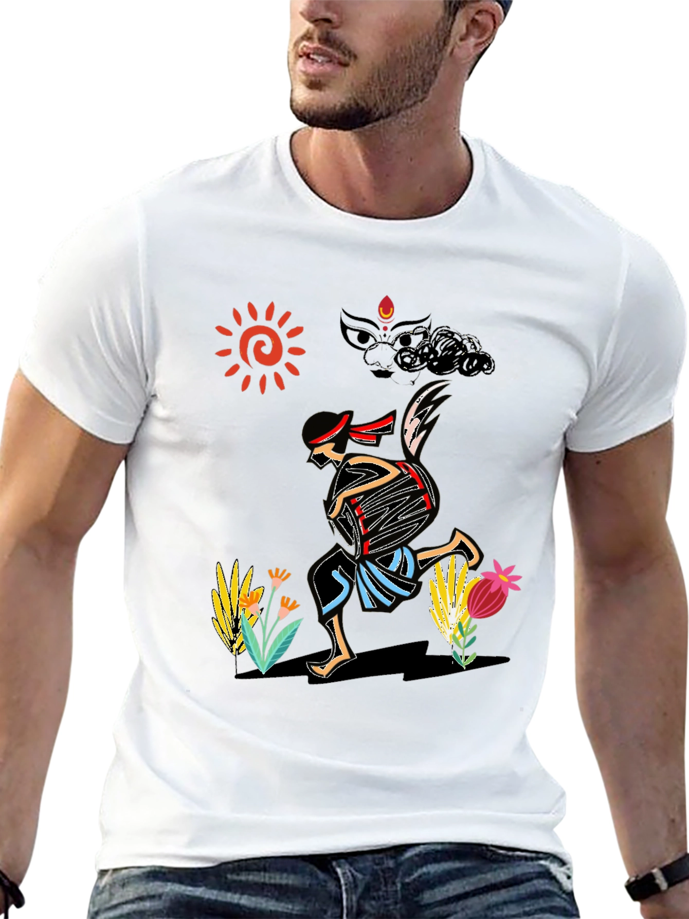 Ethnic Drummer Graphic Tee - Black Cotton Comfort