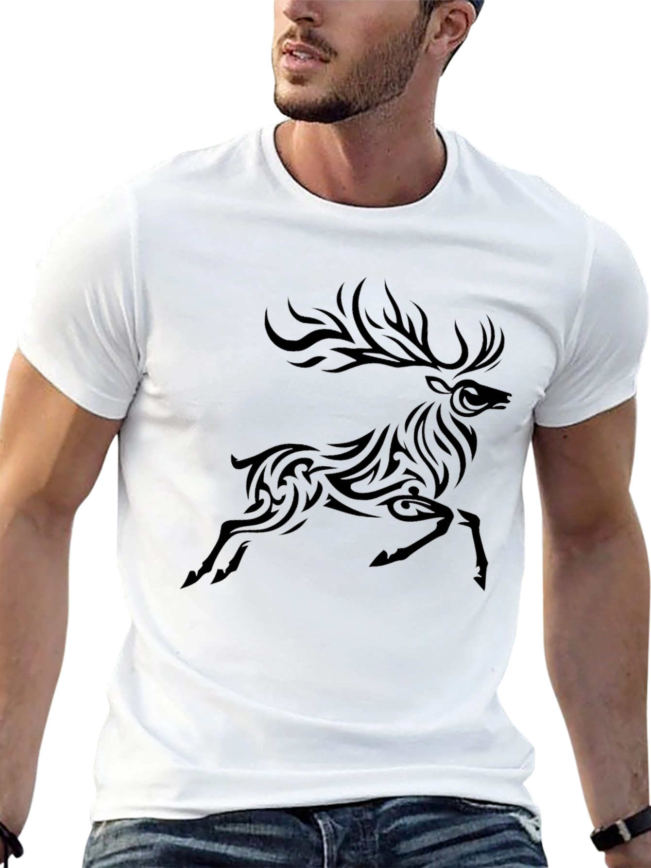 Tribal Deer Graphic Black T-Shirt