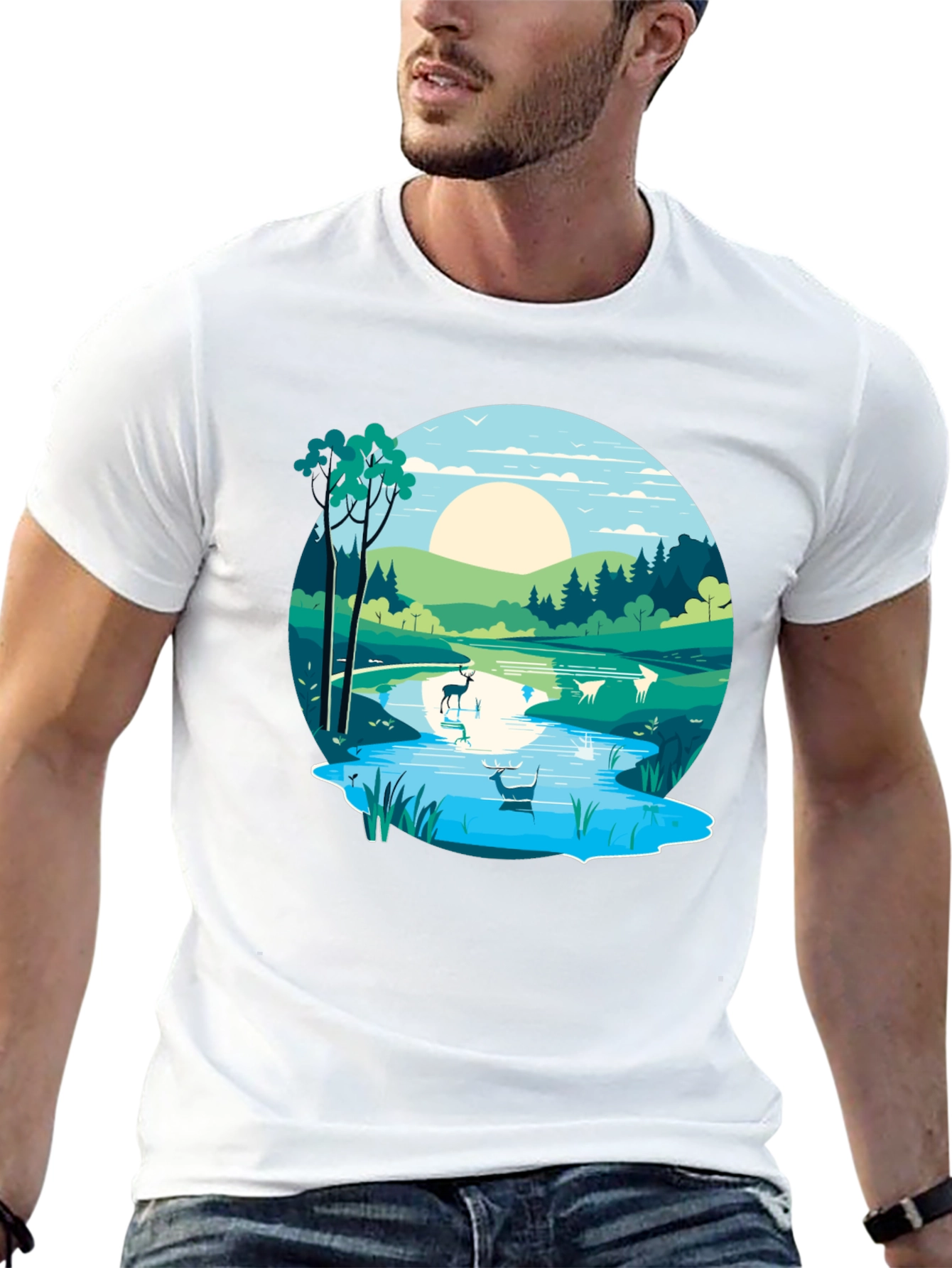 Nature Scene Graphic Tee - Lakeside Deer Design