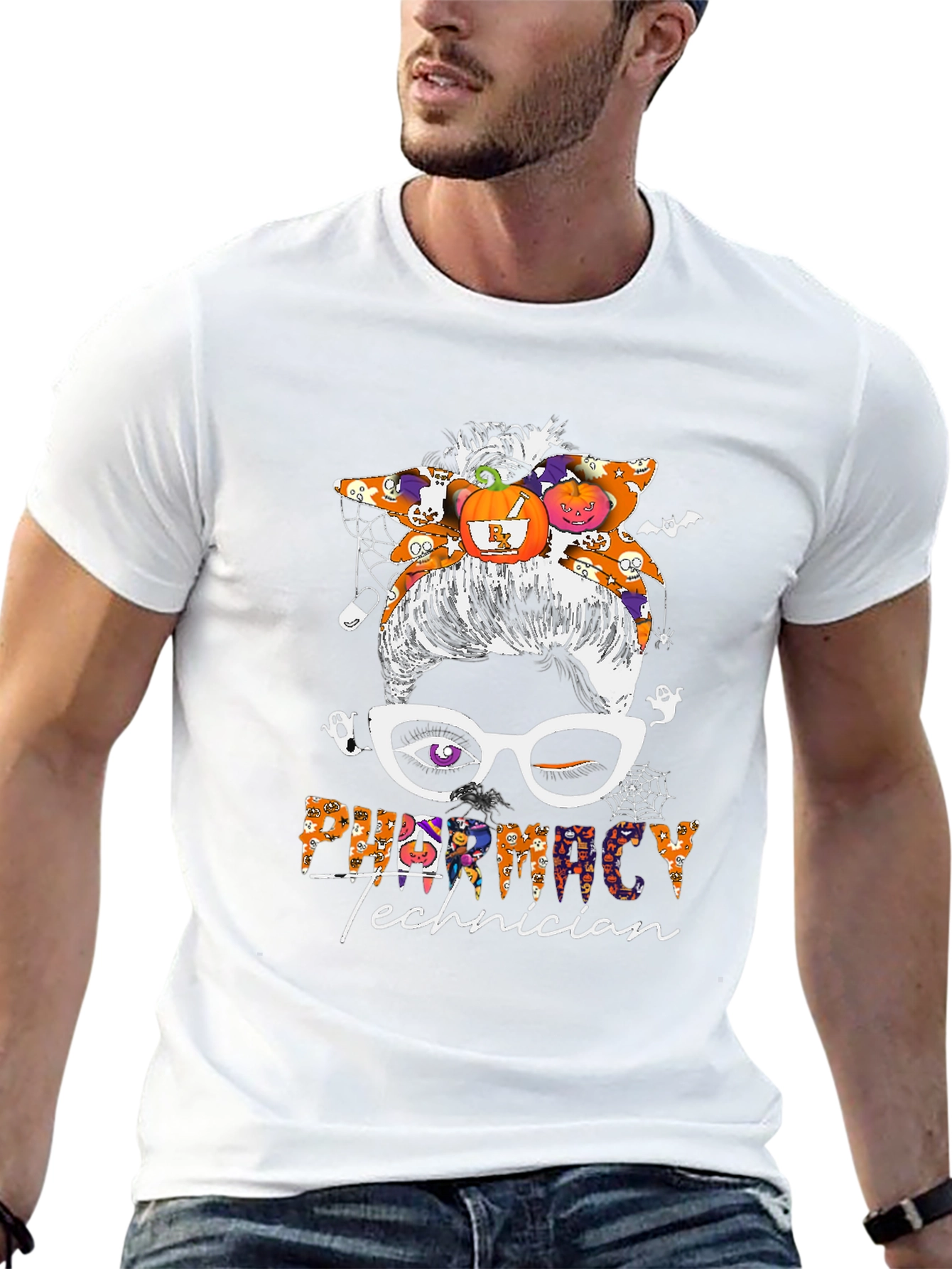 Pharmacy Technician Halloween Messy Bun T-Shirt