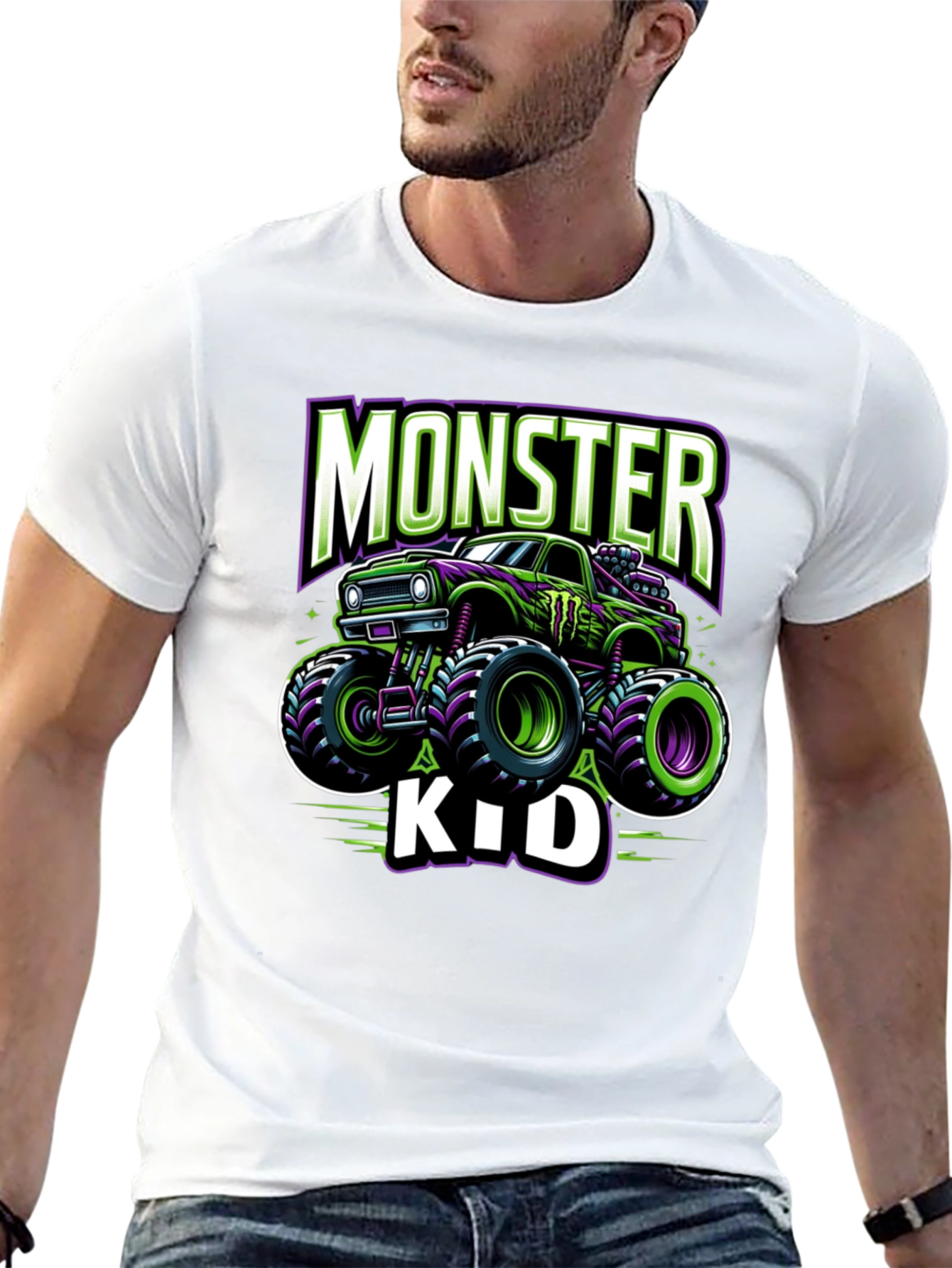 Monster Truck Kids T-Shirt - Green and Purple Design