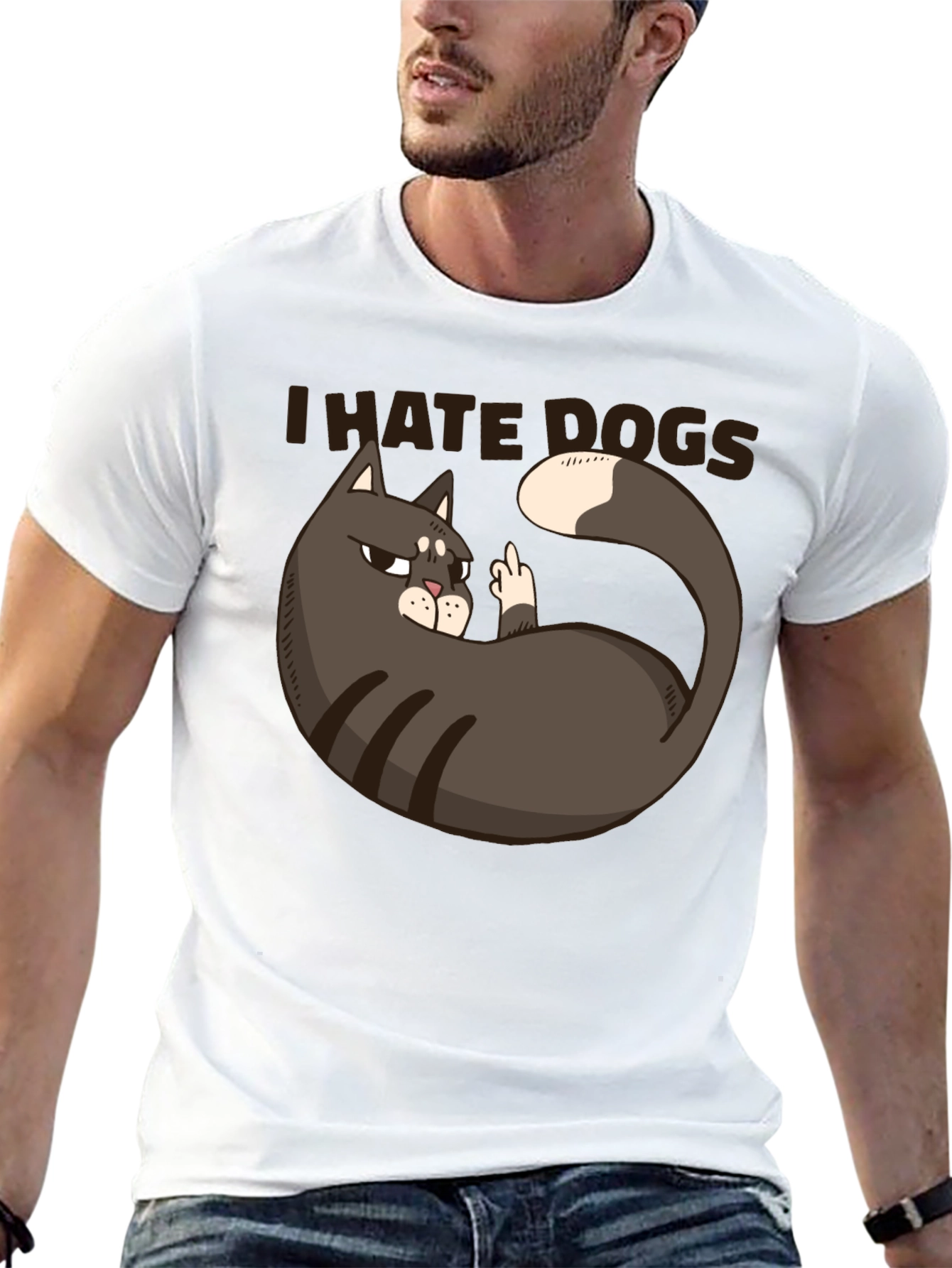 I Hate Dogs Cat Middle Finger Graphic T-Shirt