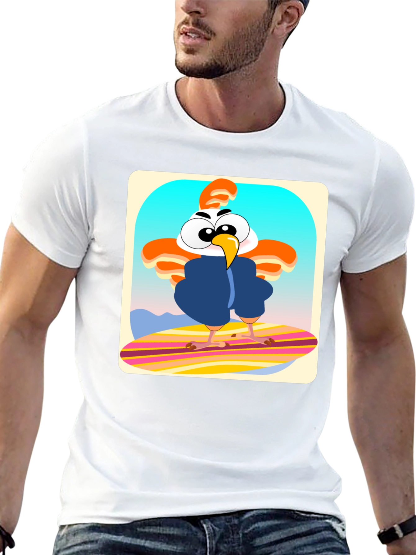 Funky Chicken Surfer T-Shirt - Cartoon Style