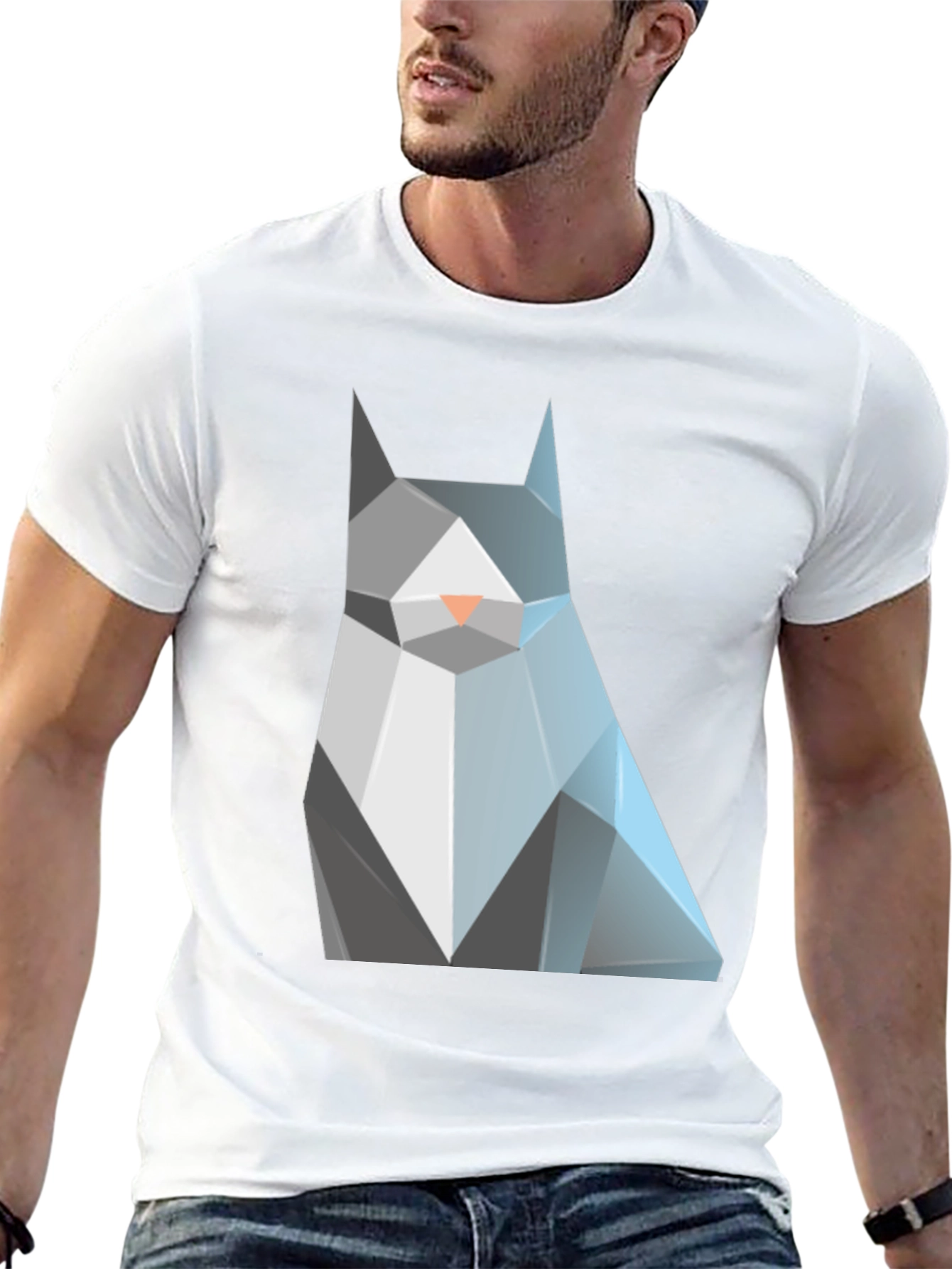 Geometric Cat Graphic Tee - Modern Mens Black T-Shirt