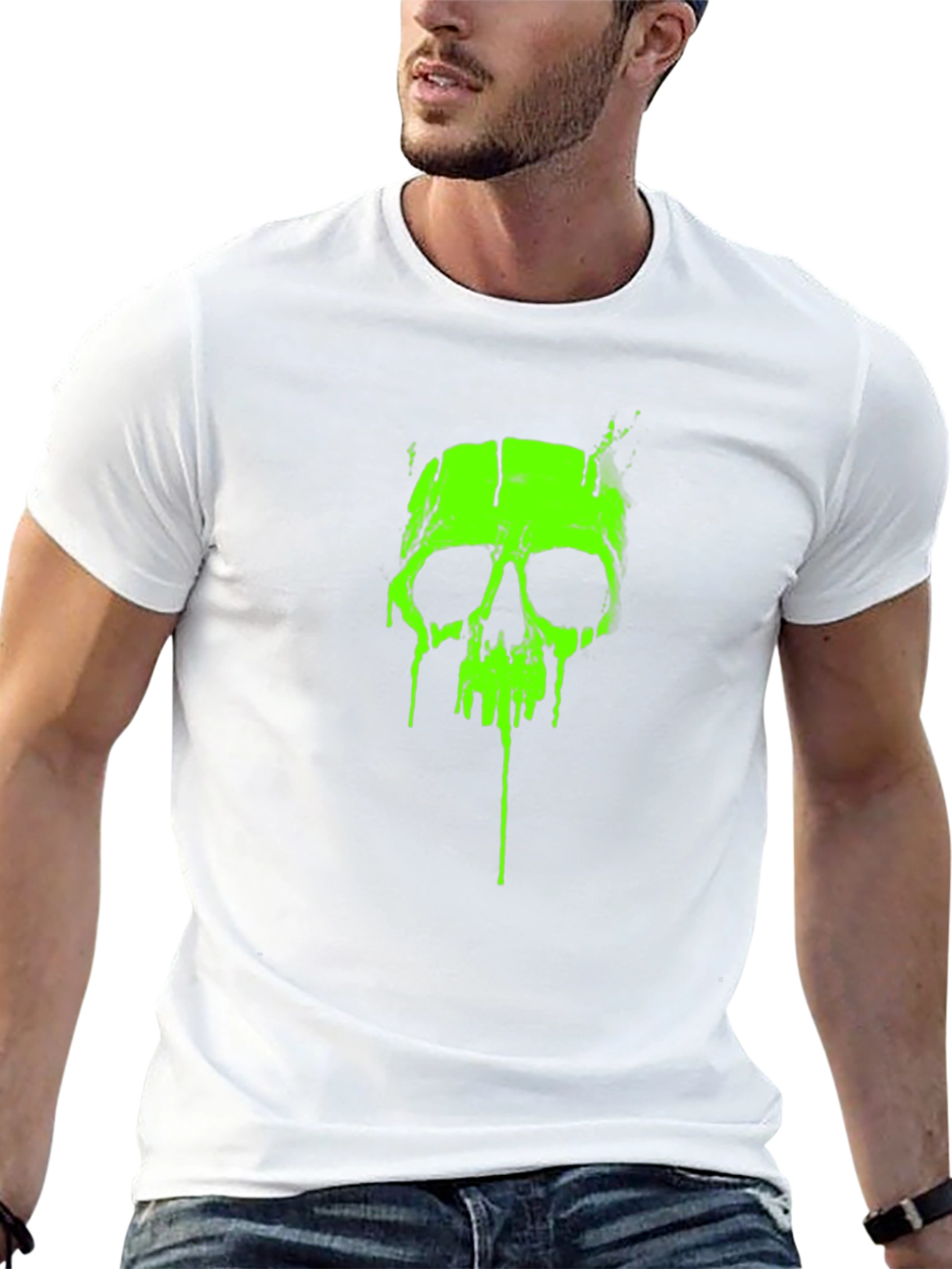 Acid Green Skull Graphic Tee - Black Cotton T-Shirt