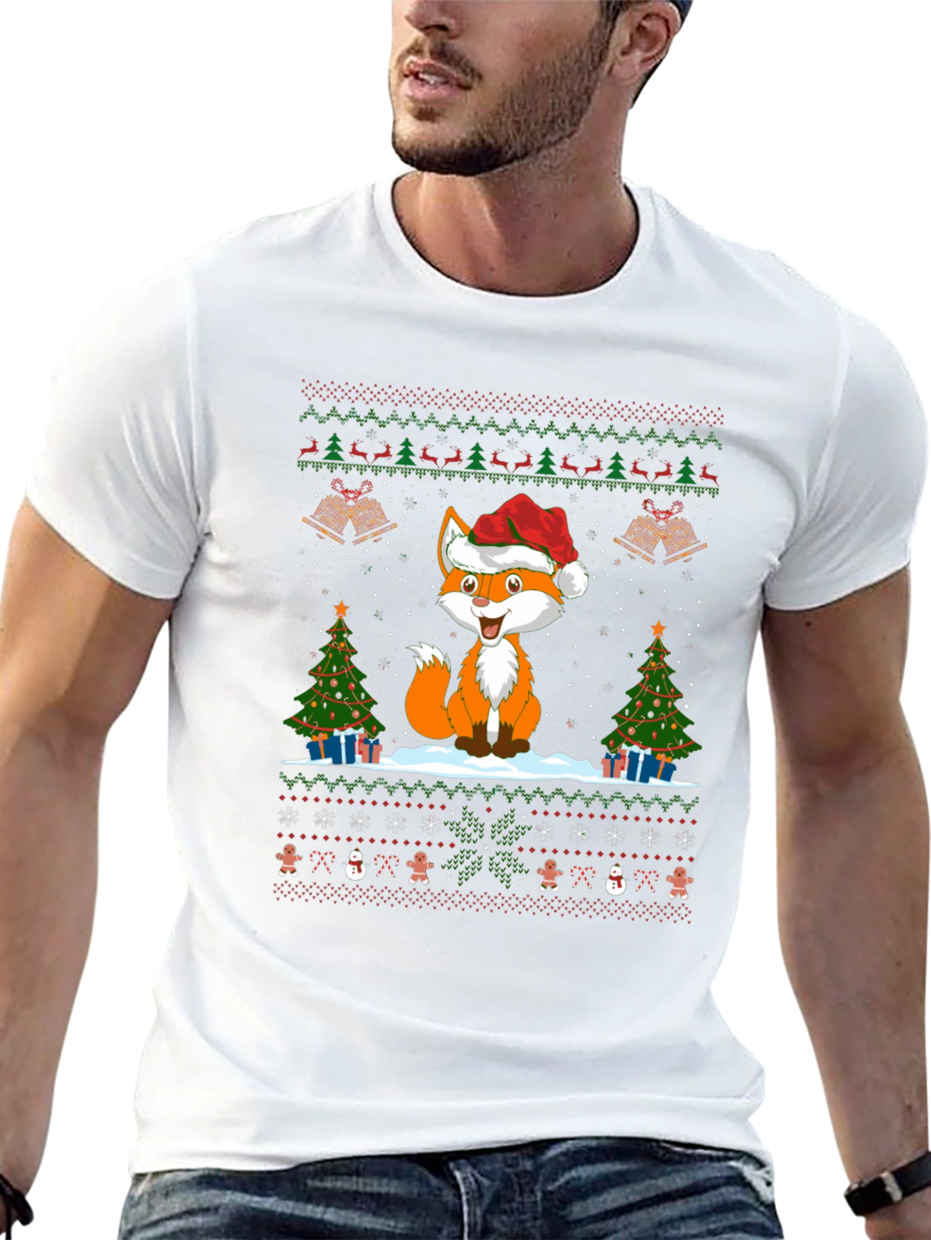 Festive Fox Christmas Pattern Black T-Shirt