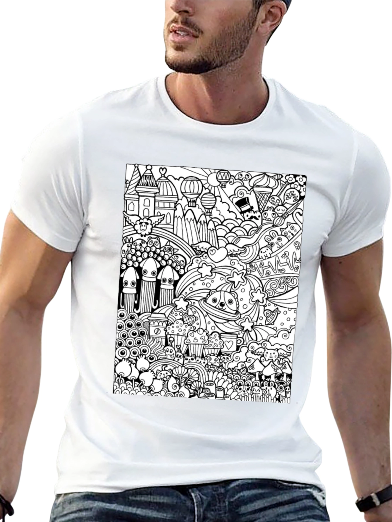 Doodle Art Graphic Tee - Black Cotton Casual Shirt