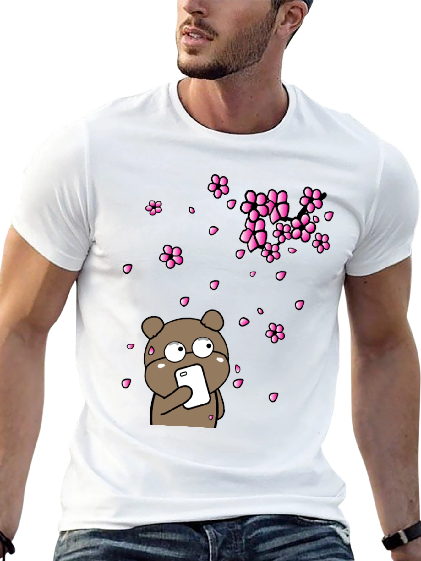 Bear with Phone and Cherry Blossoms Black T-Shirt