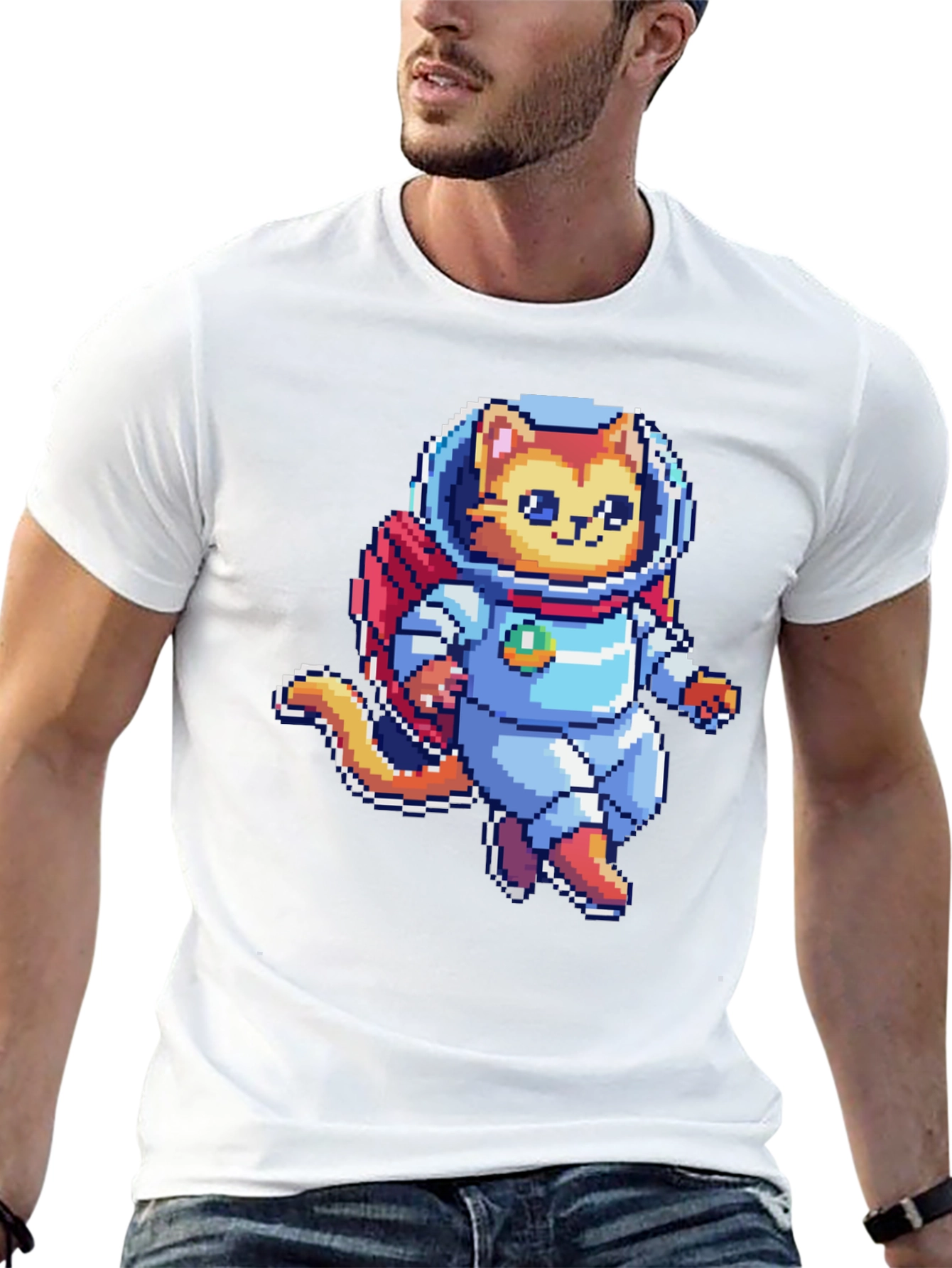 Pixel Cat Astronaut T-Shirt - Black Cotton Tee