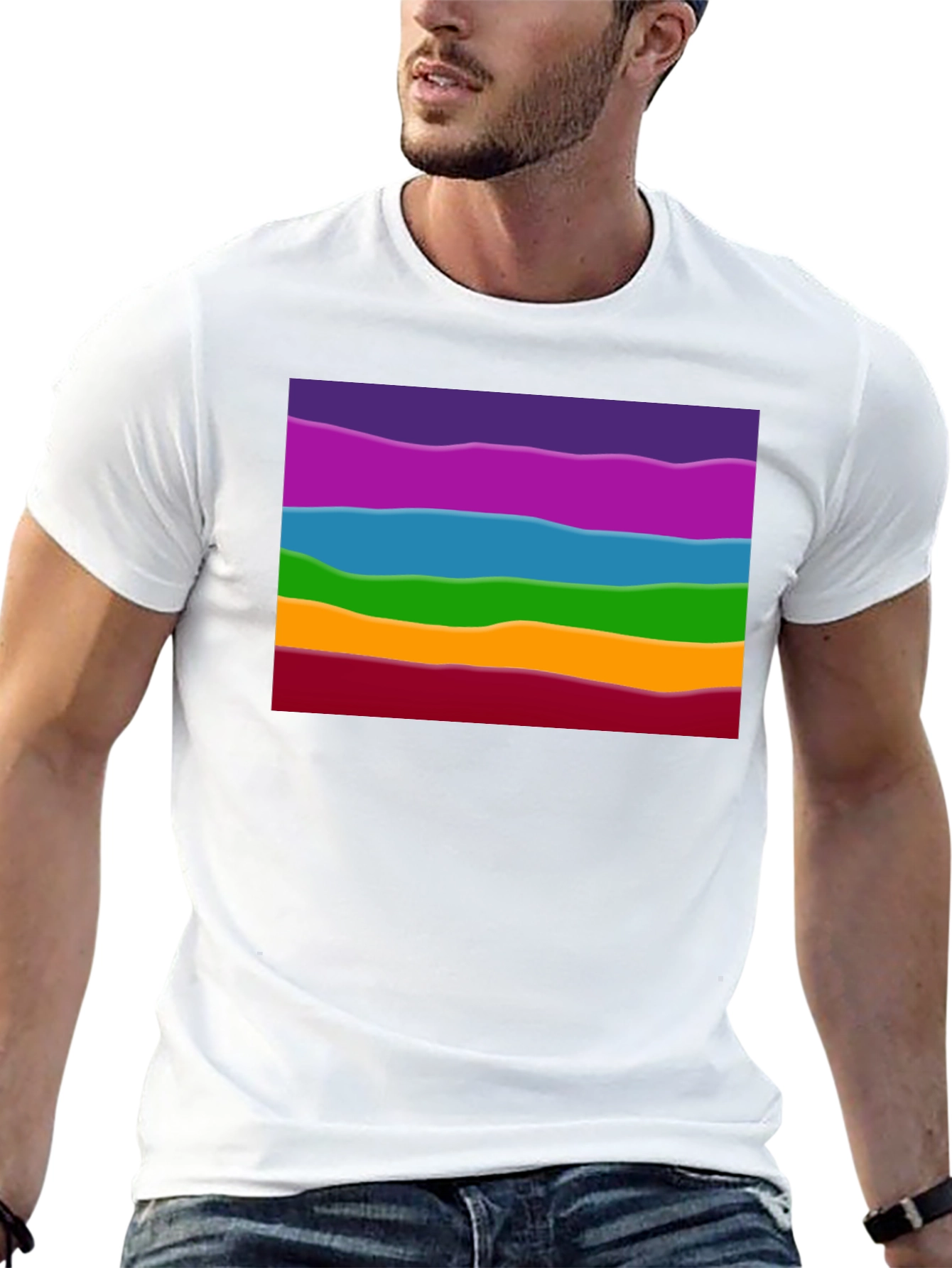 Rainbow Wave Graphic Black Tee - Casual Style