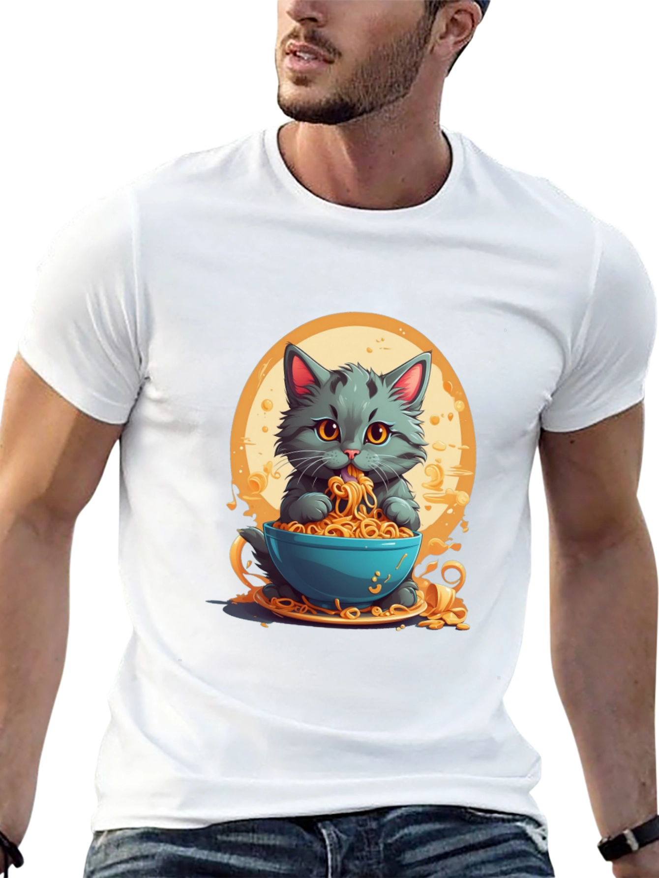 Cat Eating Noodles Graphic T-Shirt