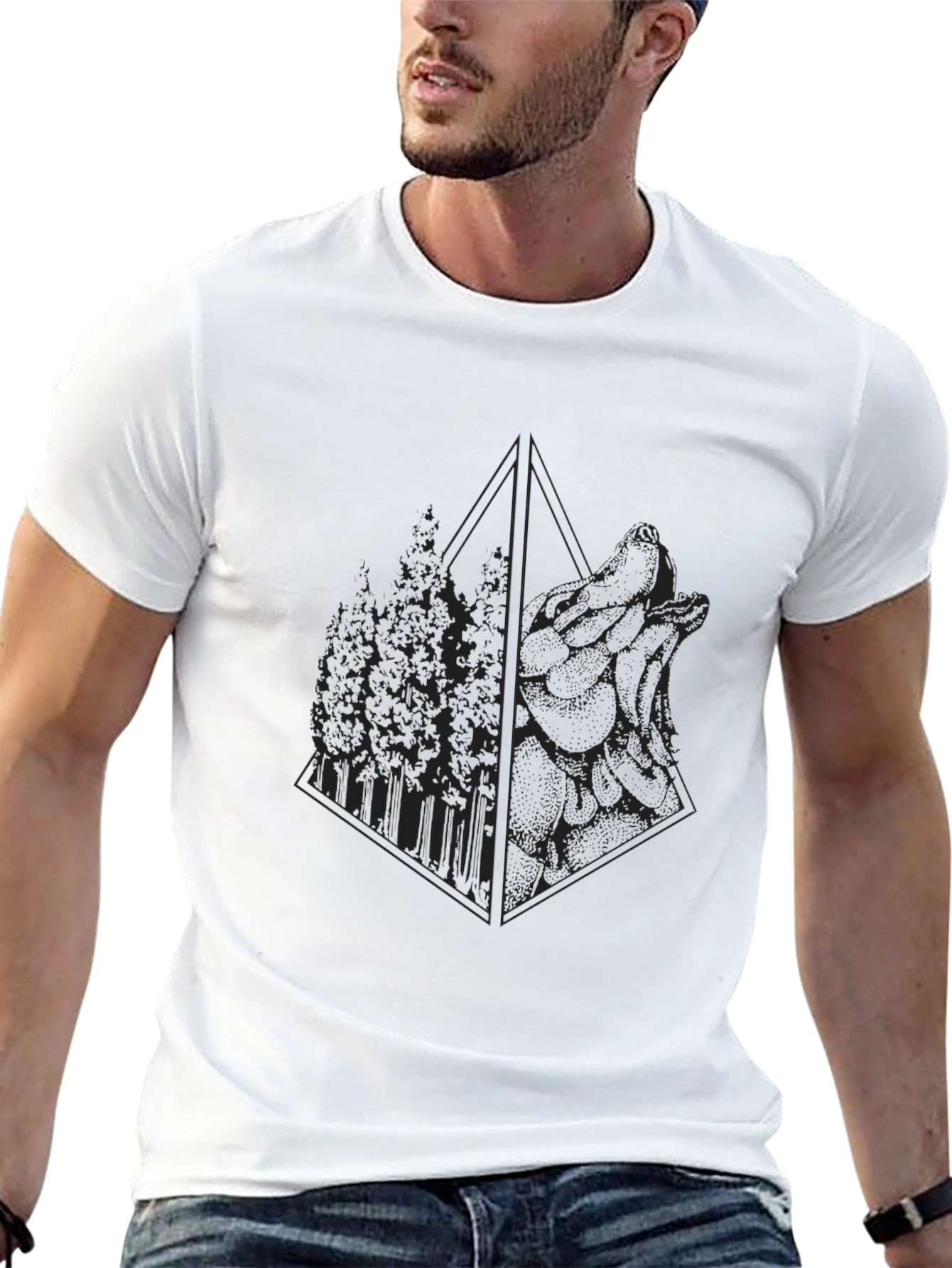 Geometric Wolf & Forest Graphic T-Shirt