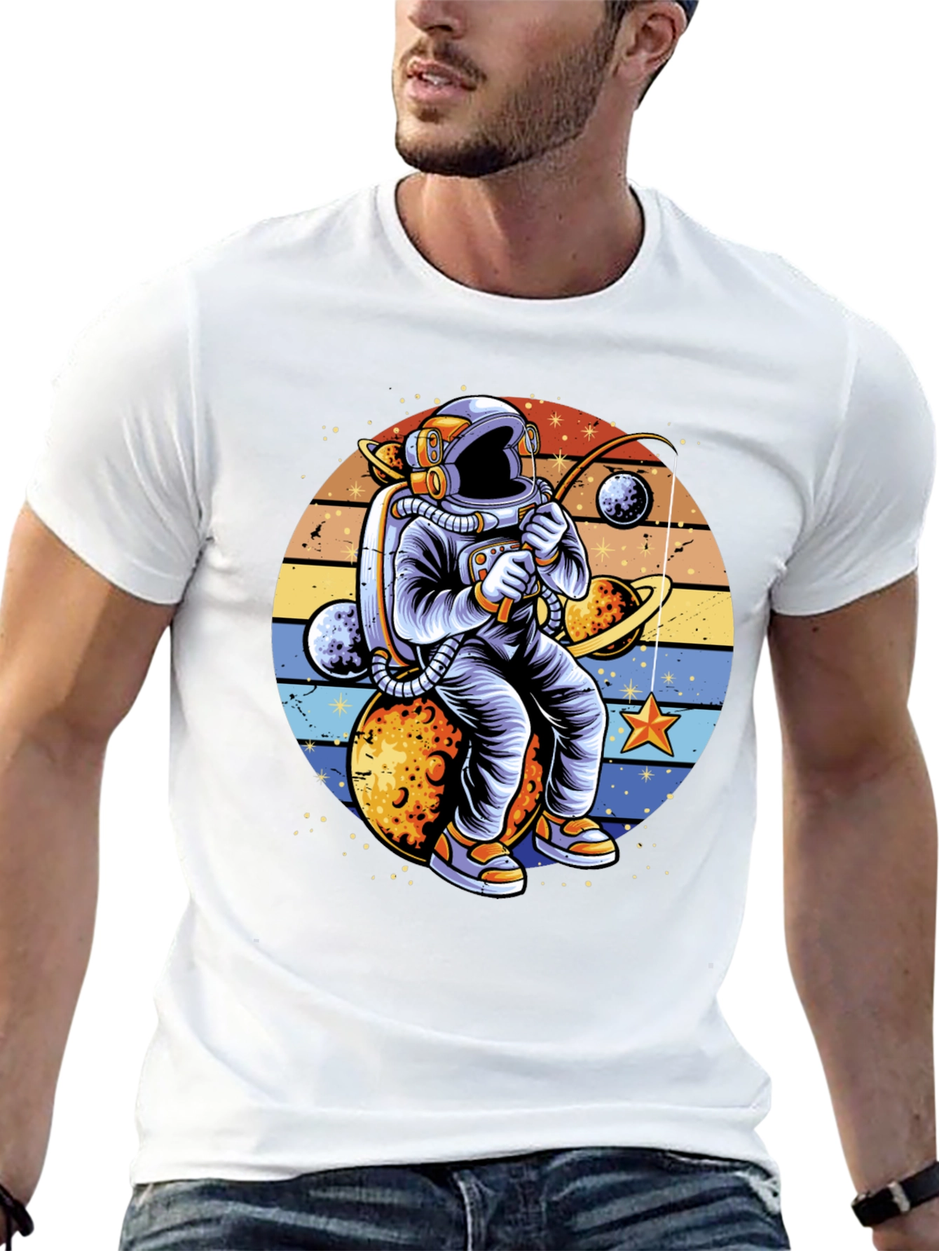 Astronaut Fishing Planets Graphic T-Shirt