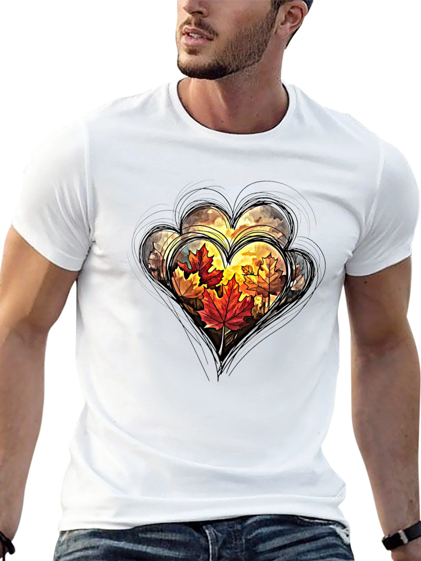 Autumn Leaves Heart Graphic Tee - Stylish Fall Apparel