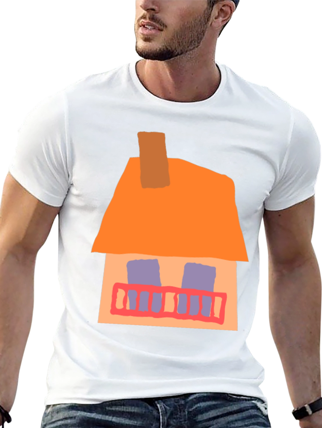 Whimsical House Graphic Tee - Black Cotton Casual T-Shirt
