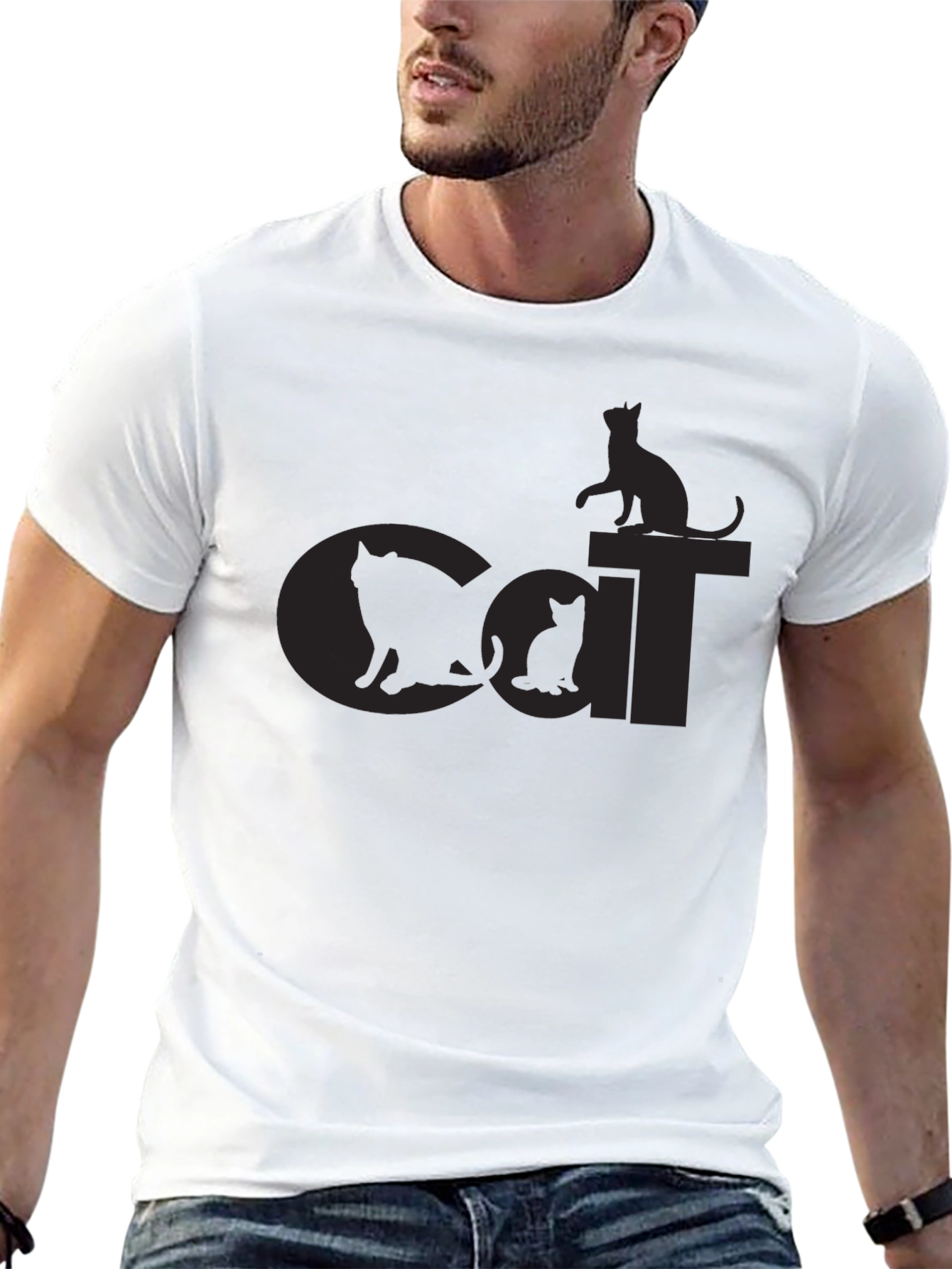 Cat Silhouette Graphic Print Black T-Shirt