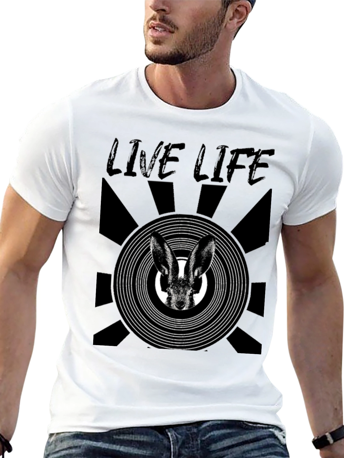 Live Life Rabbit Graphic Print Black T-Shirt