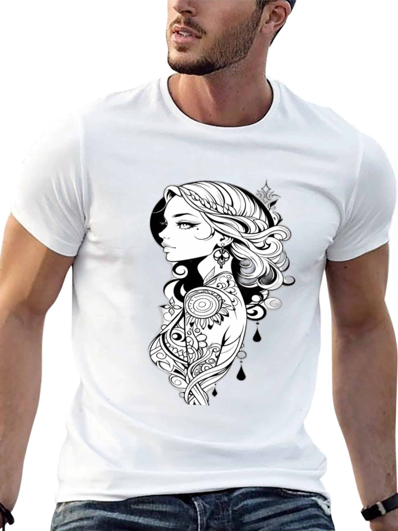 Black T-Shirt with Artistic Woman Graphic