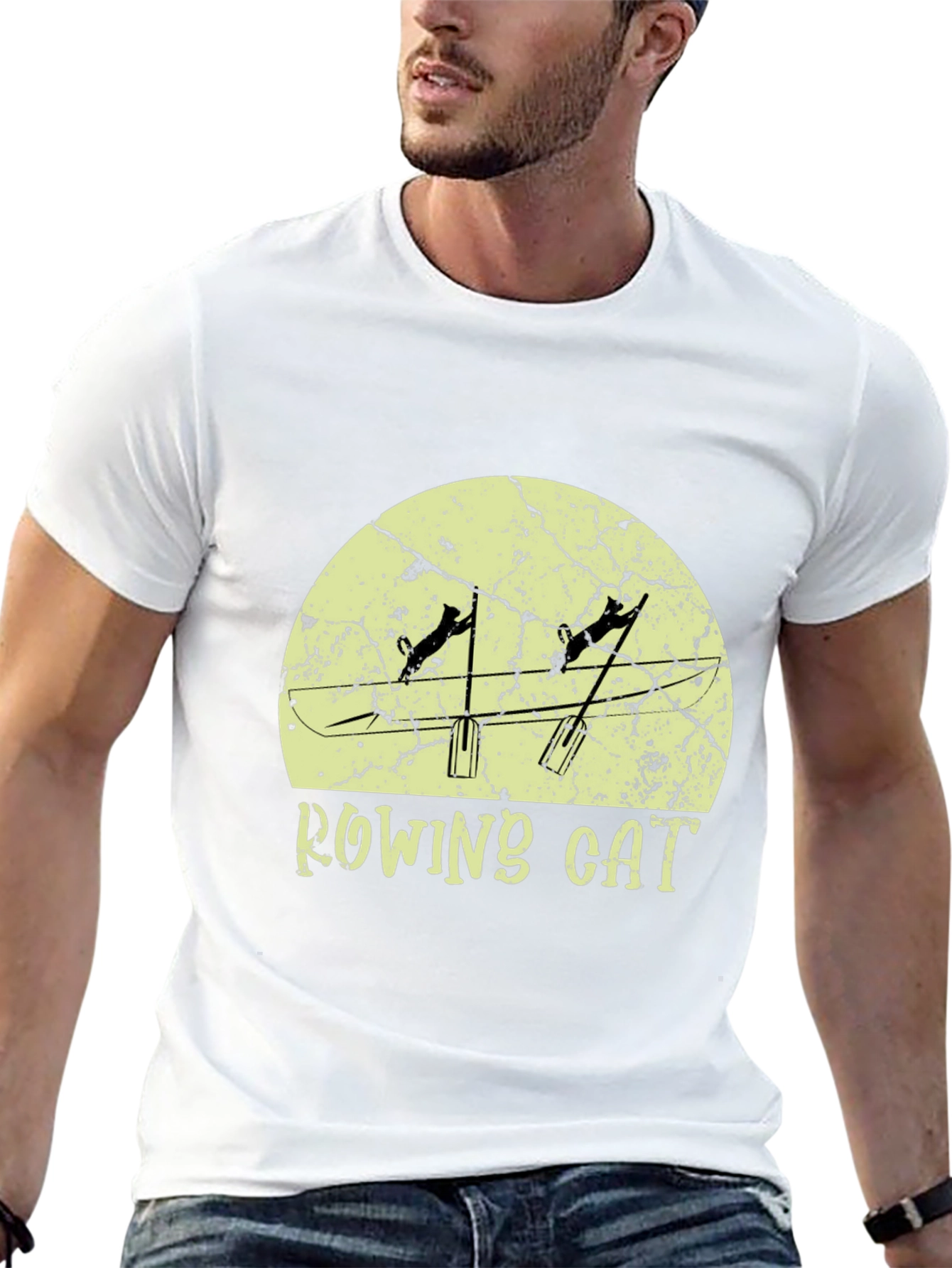 Rowing Cat Graphic Tee - Unique Novelty Design