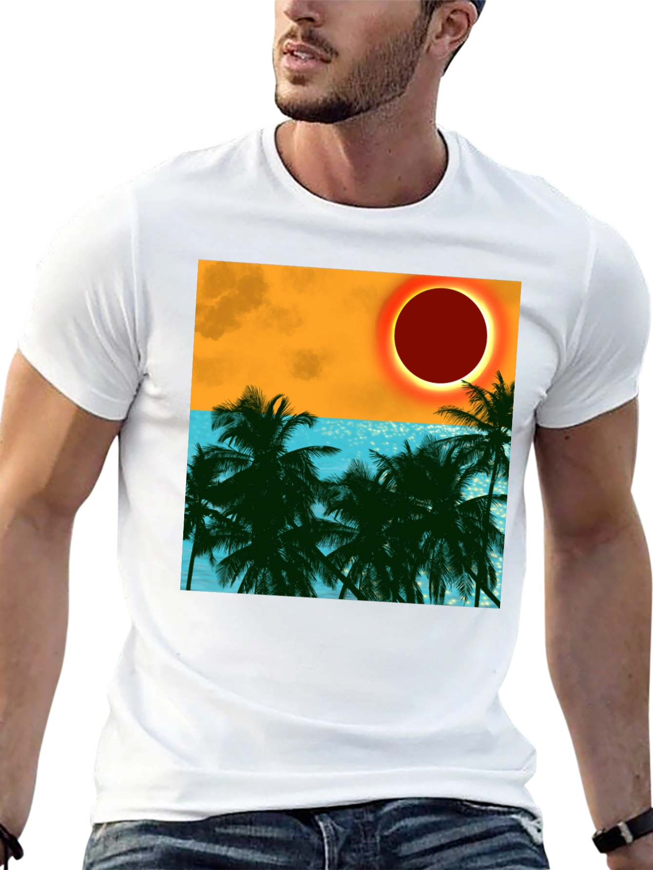 Tropical Eclipse Graphic Tee - Black Cotton T-Shirt