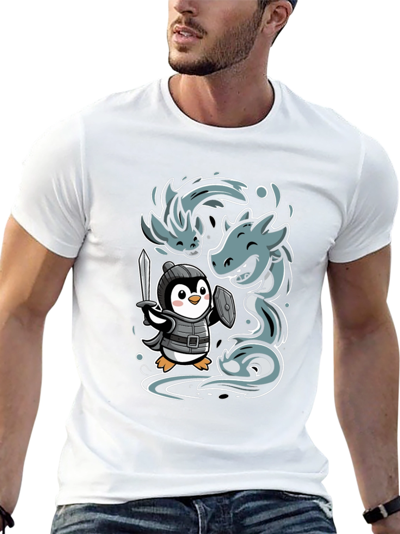 Penguin Knight vs Sea Serpent Graphic Tee