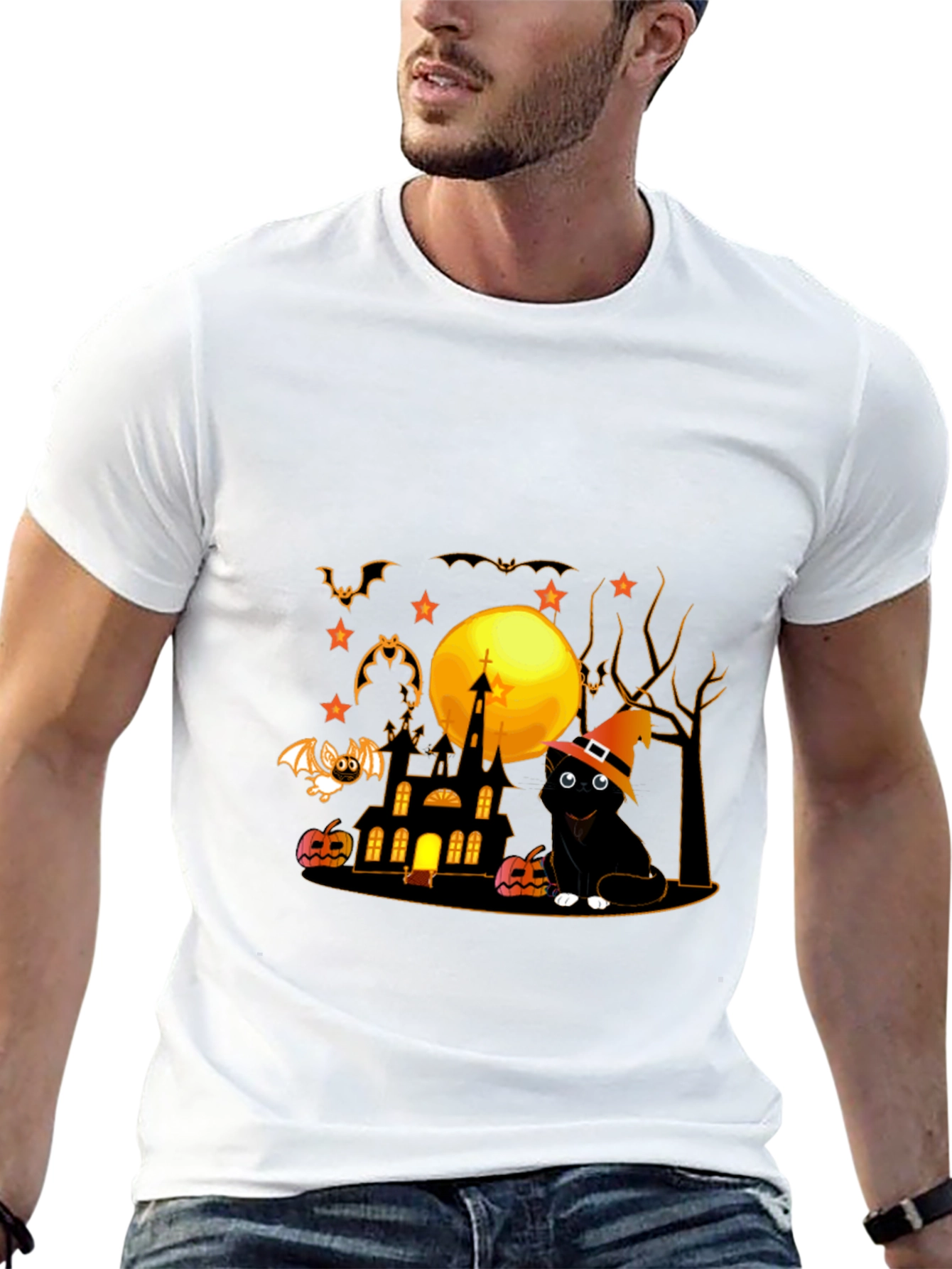 Halloween Cat & Haunted House Graphic Tee