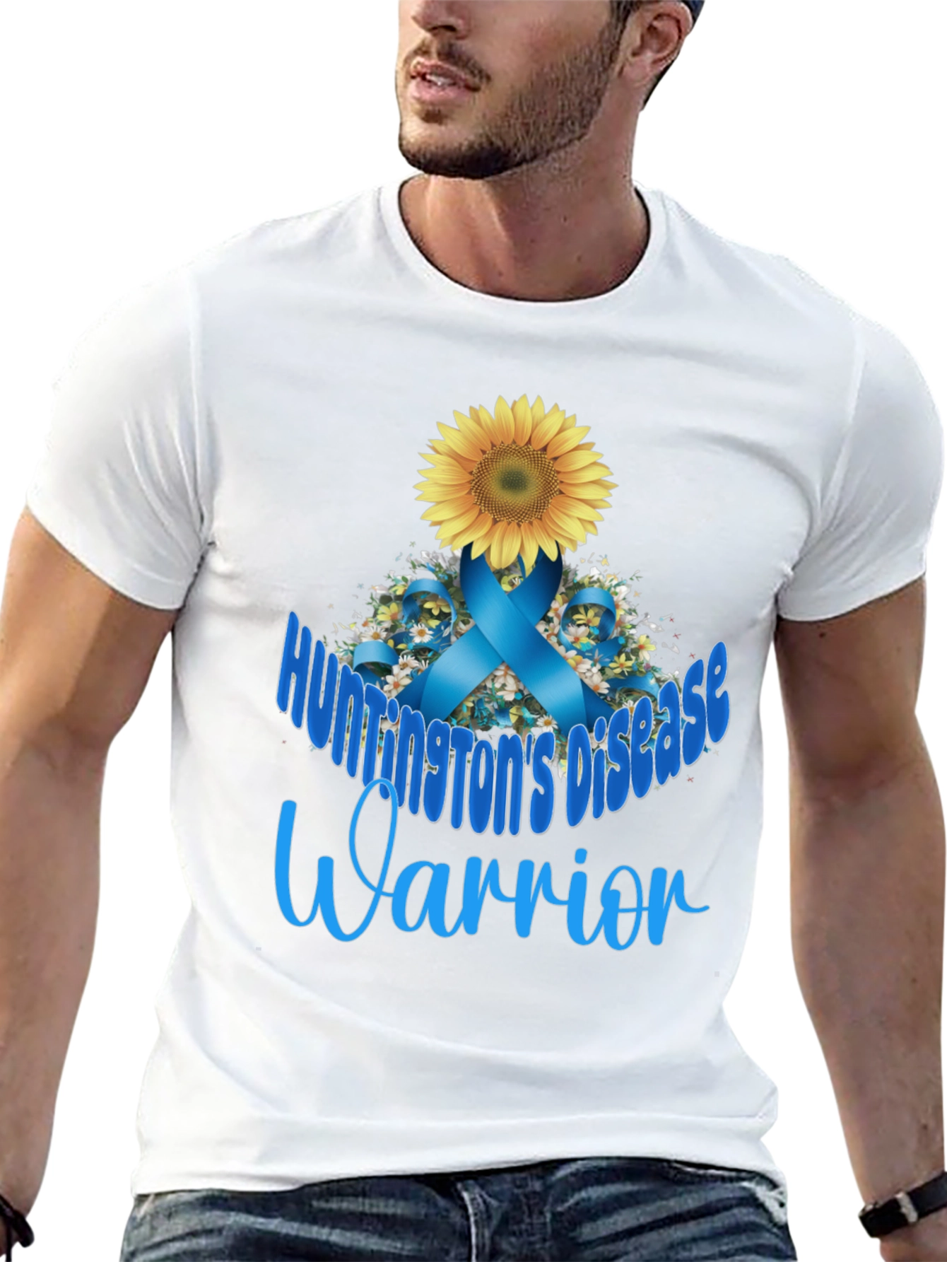 Huntingtons Disease Warrior T-Shirt Sunflower Blue Ribbon