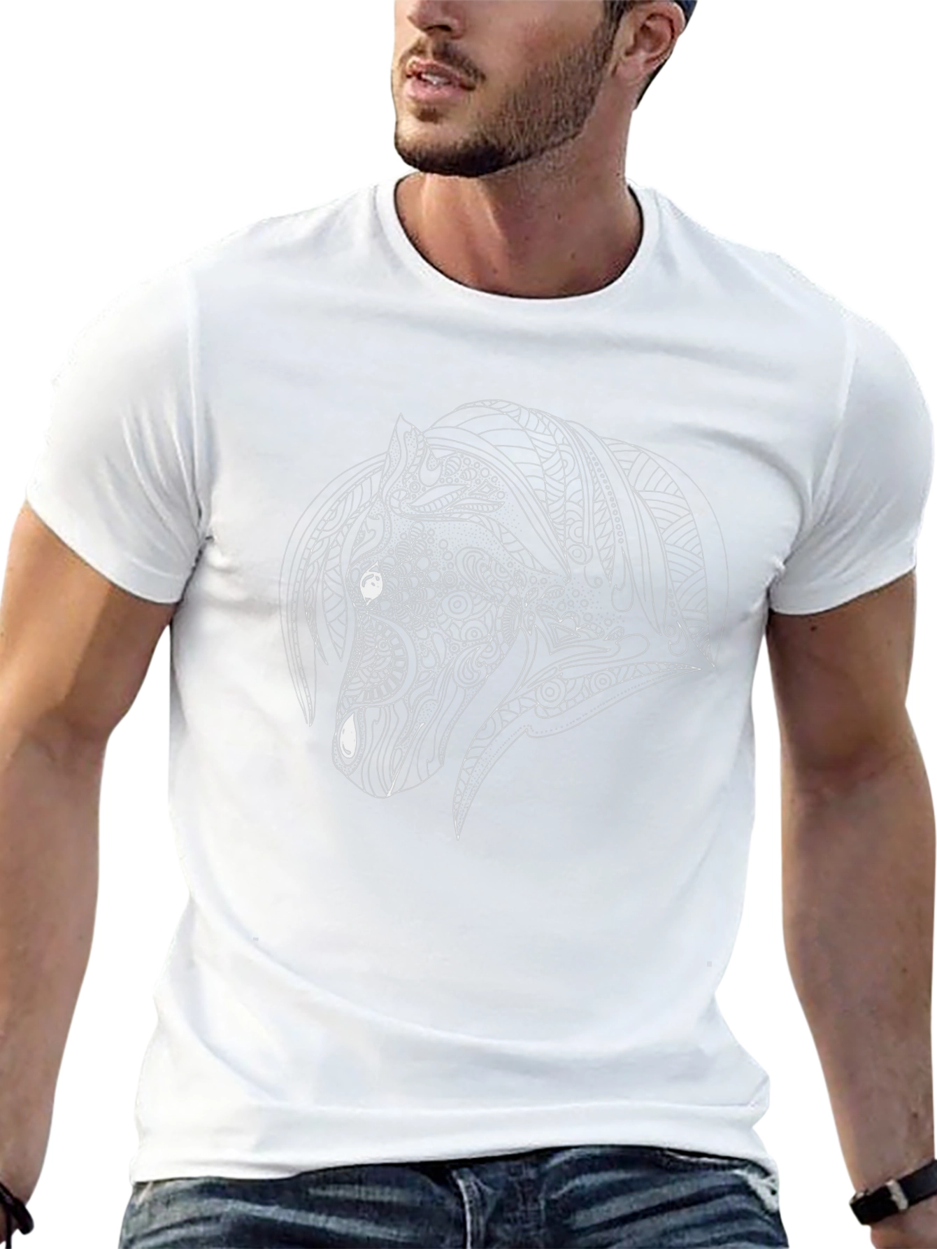 Black T-Shirt with White Horse Design