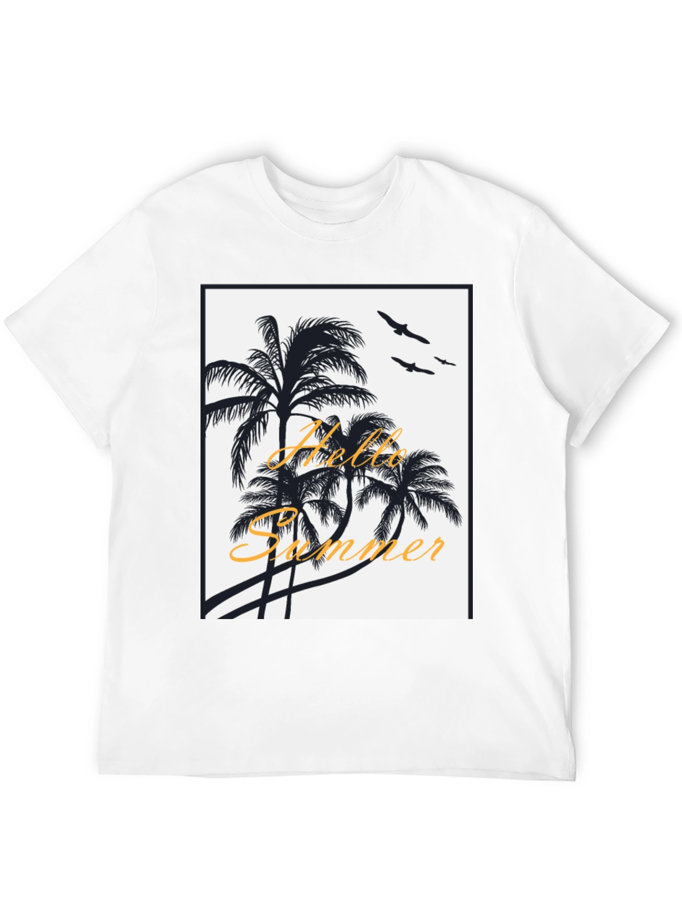 Hello Summer Black T-Shirt with Palm Tree Design