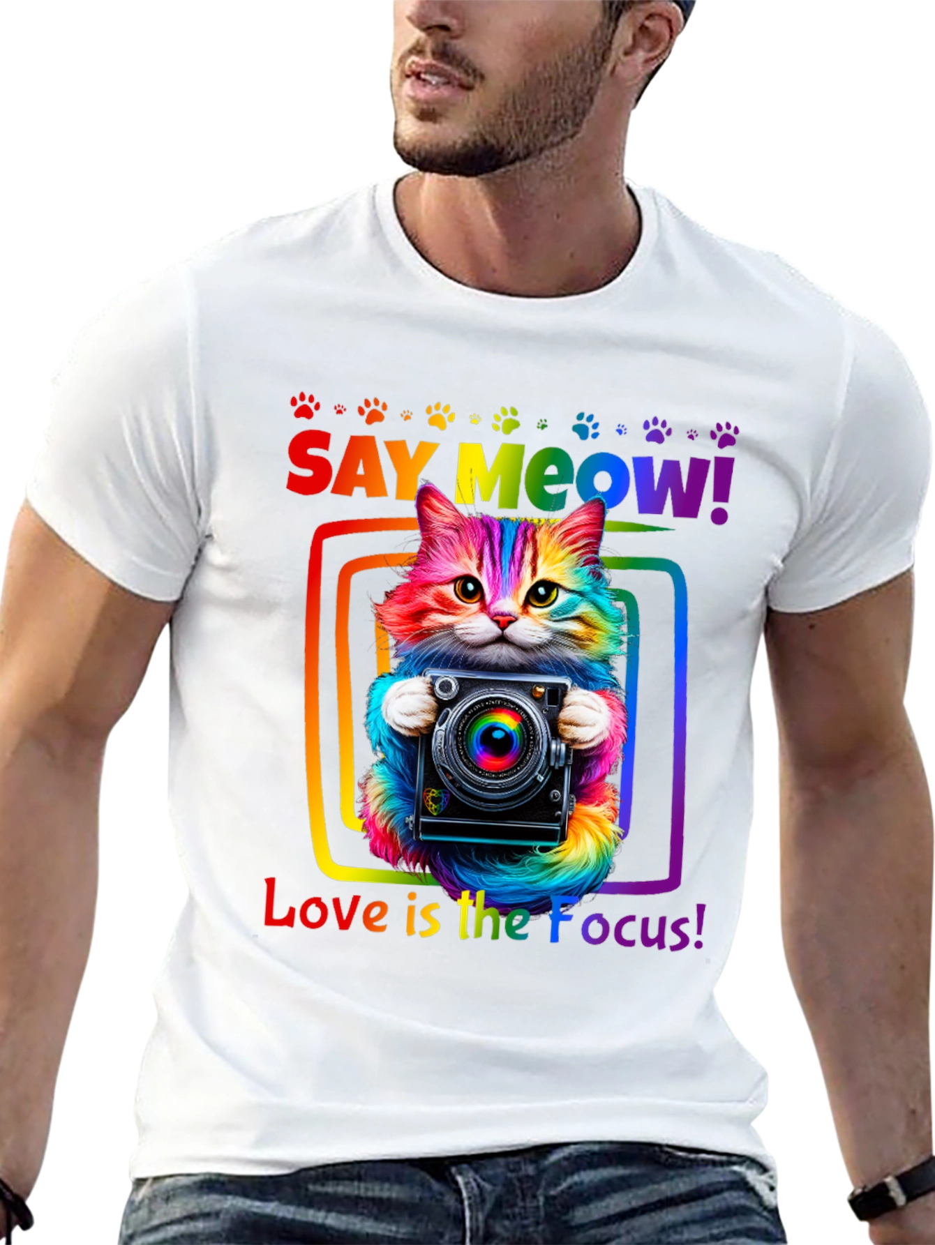 Say Meow Rainbow Cat Photographer T-Shirt