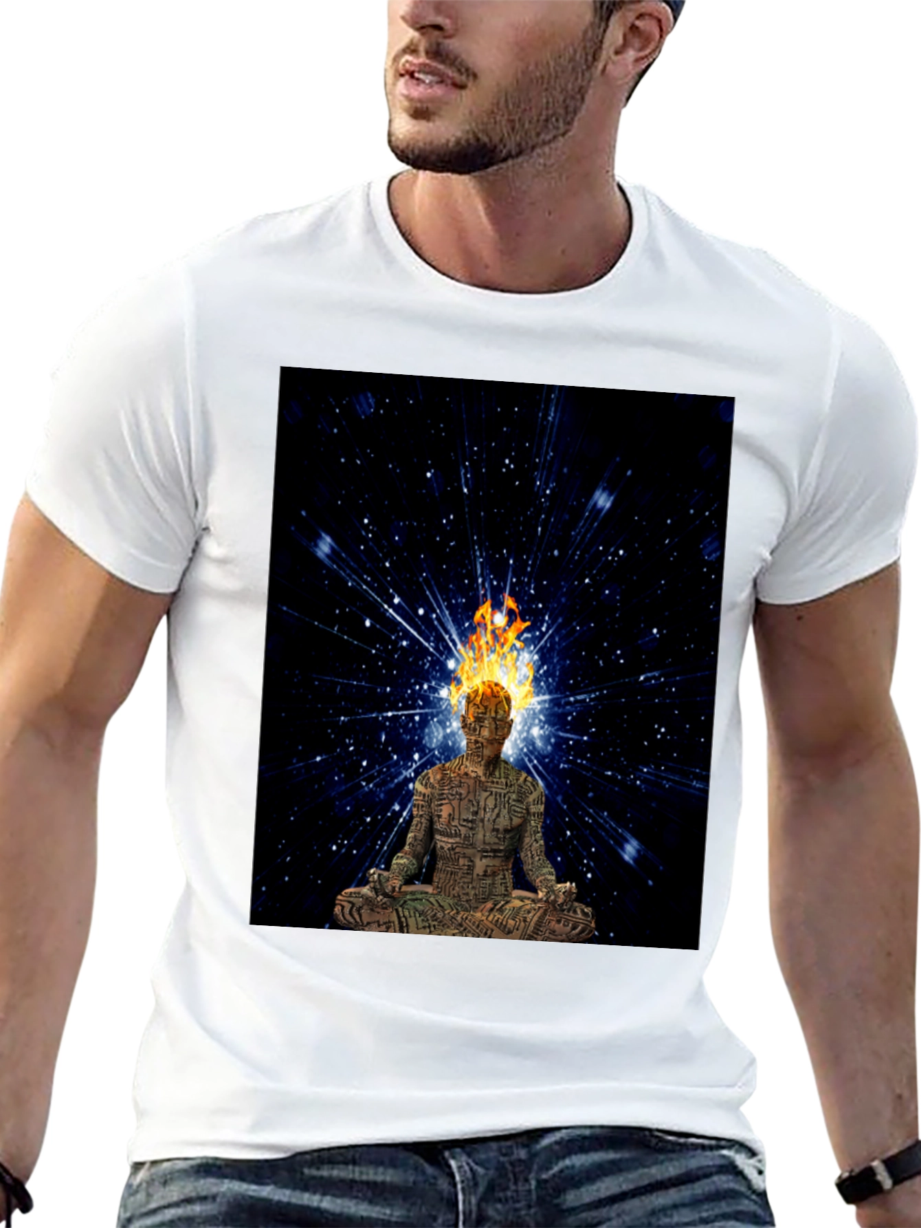 Meditating Fire Head Man Black T-Shirt