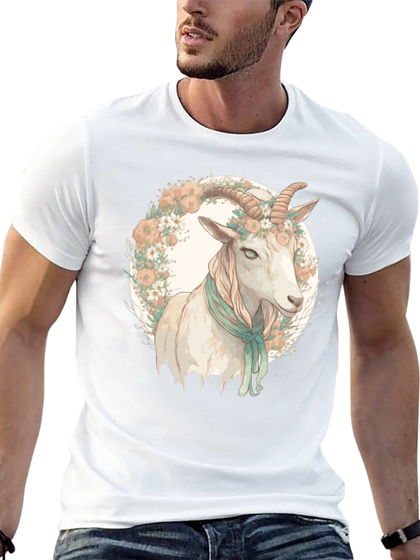Goat Floral Wreath Black T-Shirt