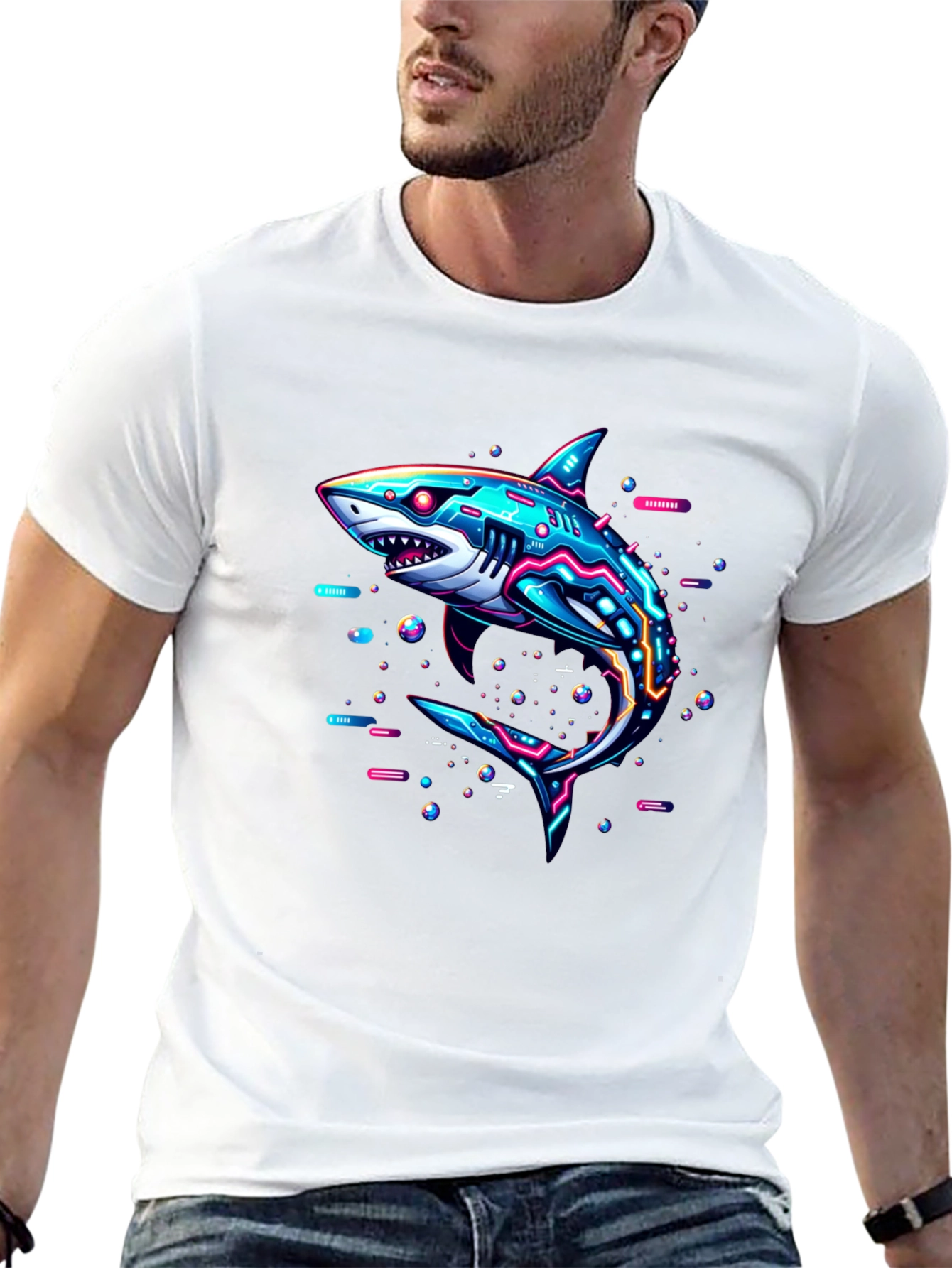Cyberpunk Shark Graphic Tee - Black Cotton T-Shirt