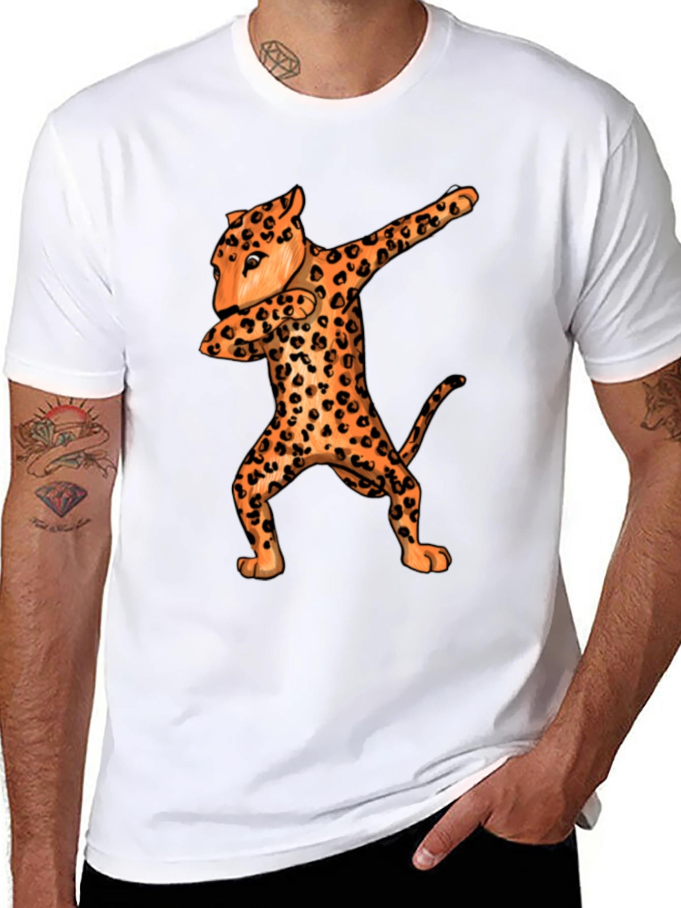 Dabbing Leopard Graphic Tee - Black Crew Neck
