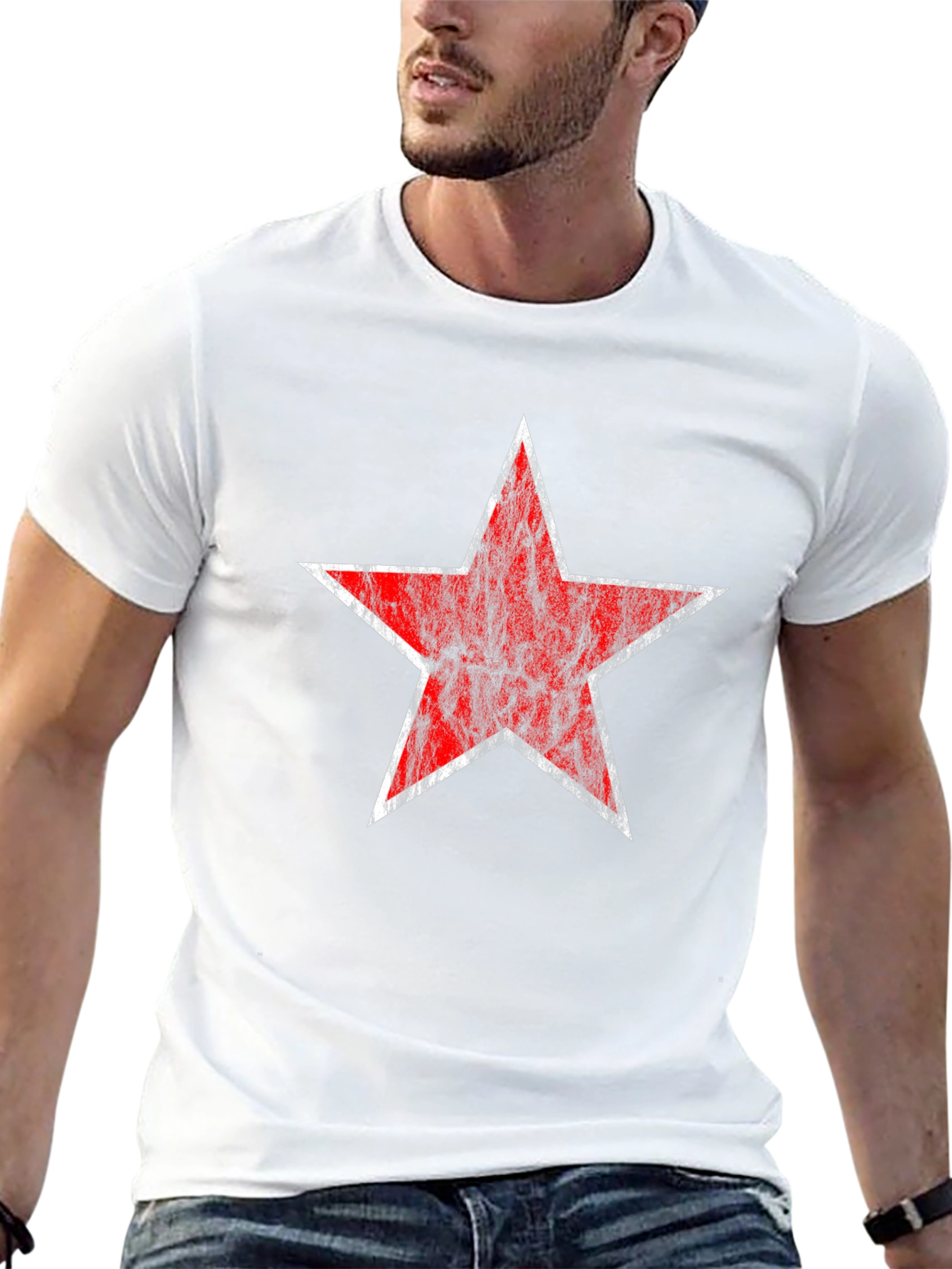 Distressed Red Star Graphic Black T-Shirt