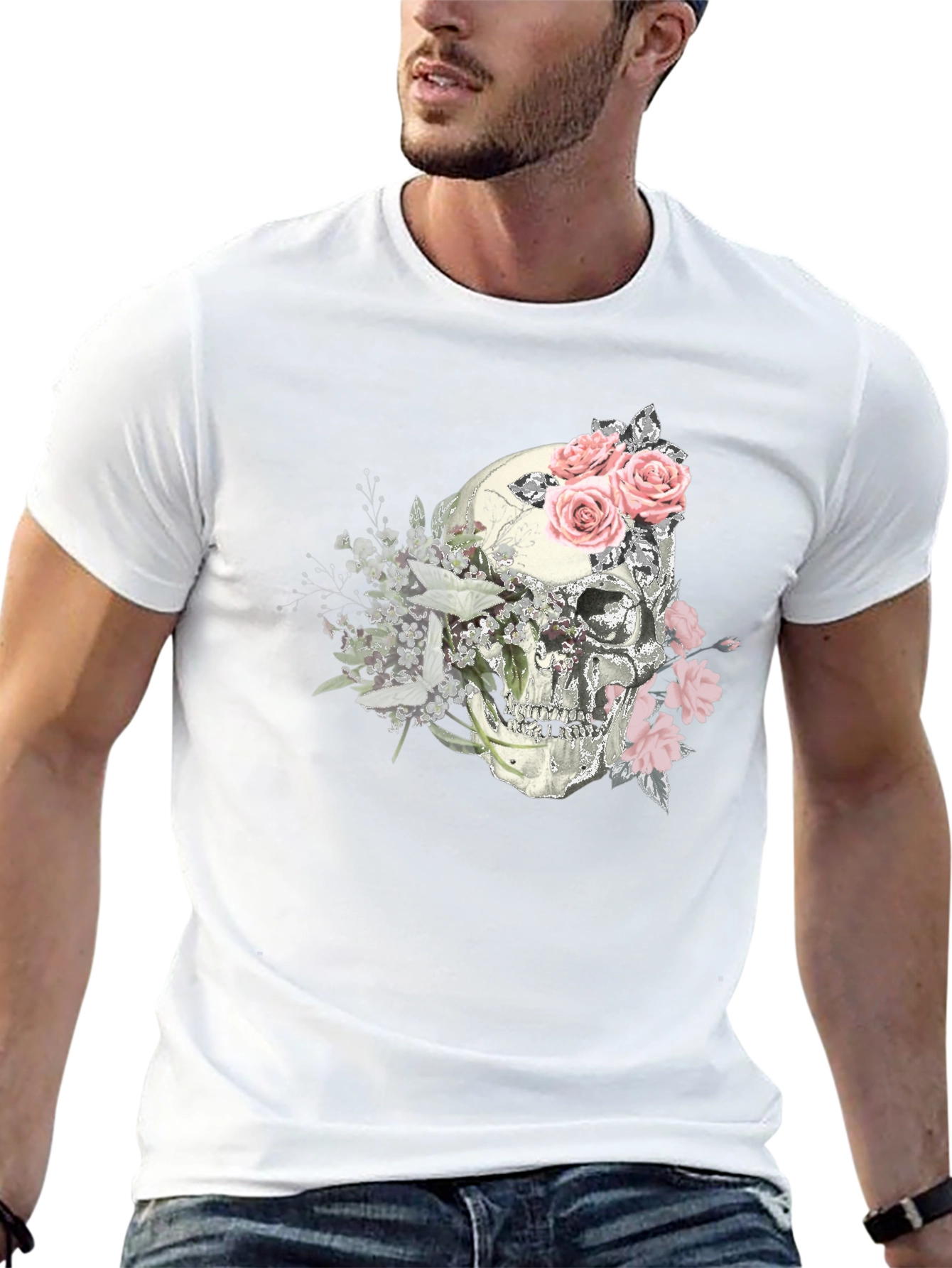 Floral Skull Graphic Tee - Stylish Mens T-Shirt