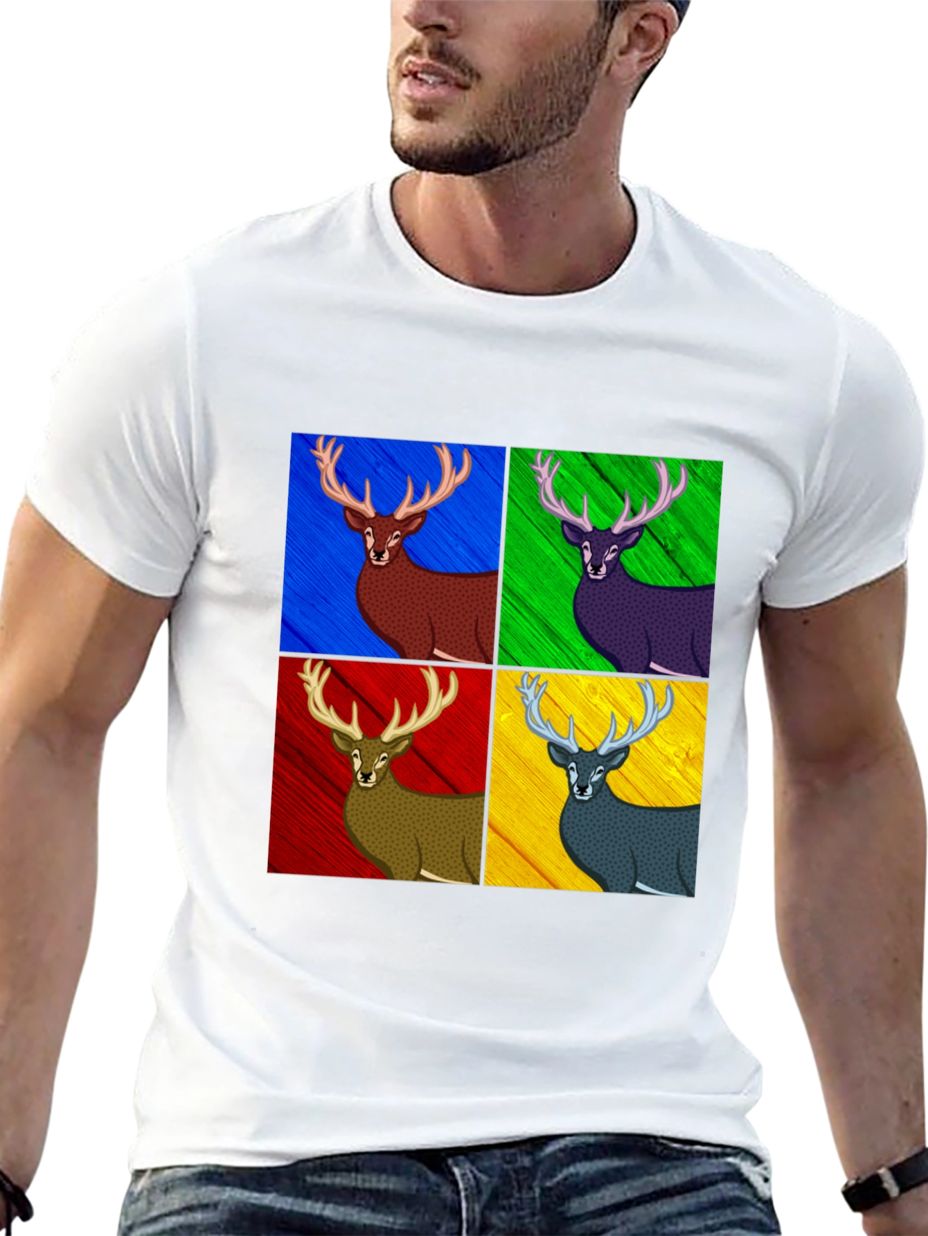 Pop Art Deer Graphic Tee - Black Cotton Blend