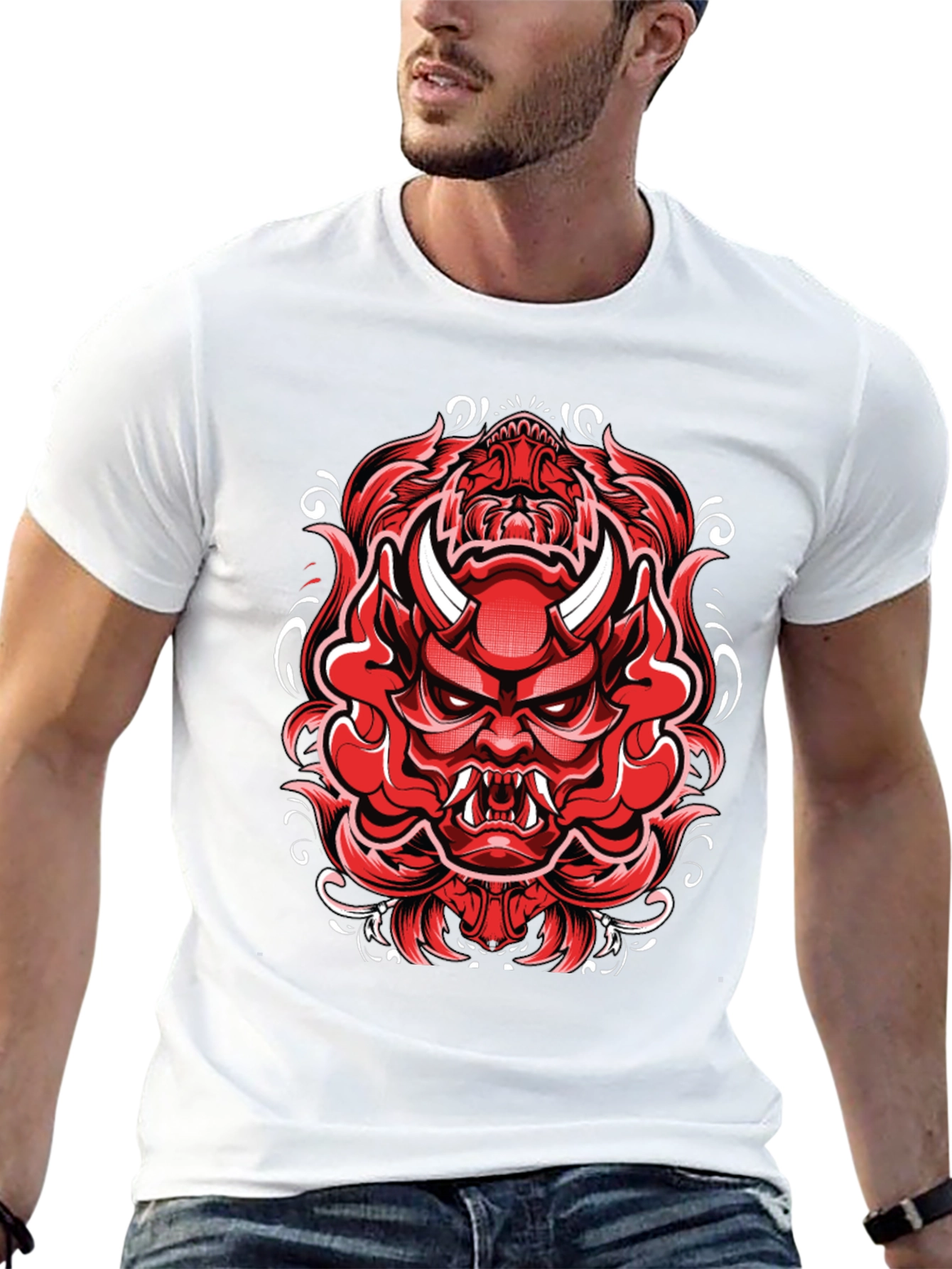 Mens Black T-Shirt with Red Japanese Demon Graphic