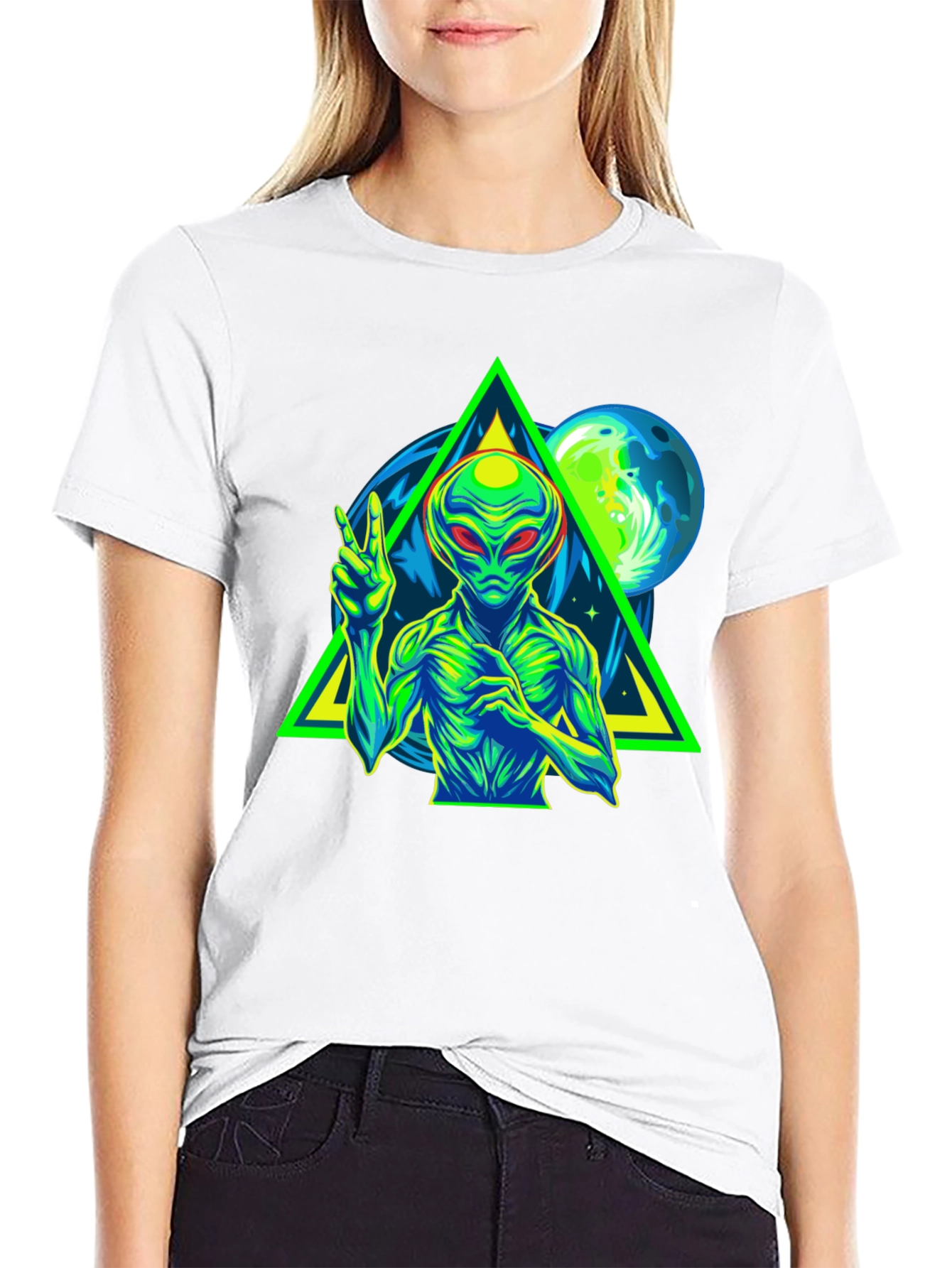Alien Peace Sign Graphic Tee - Black Cotton T-Shirt