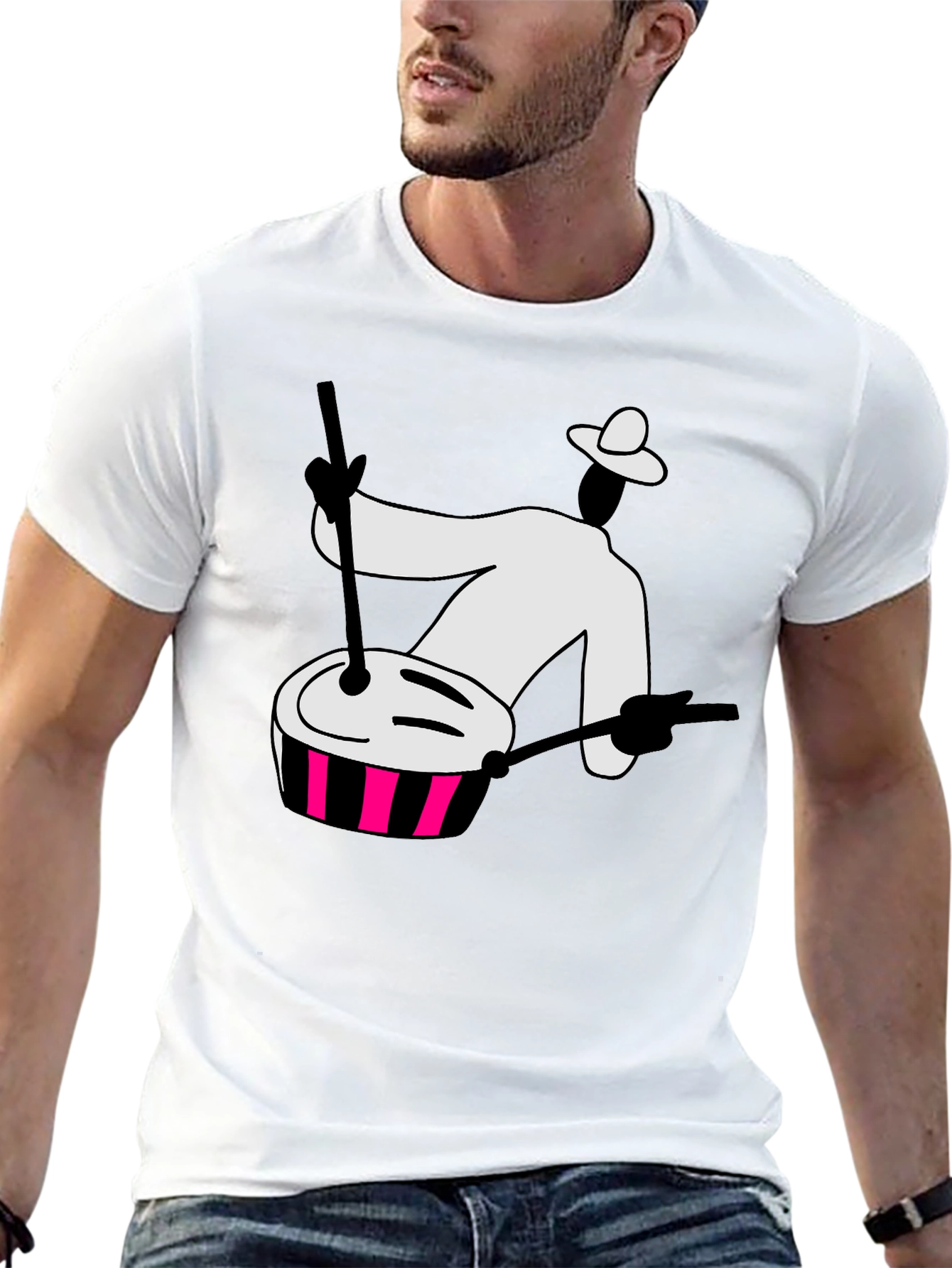 Black Graphic T-Shirt with Drummer Design