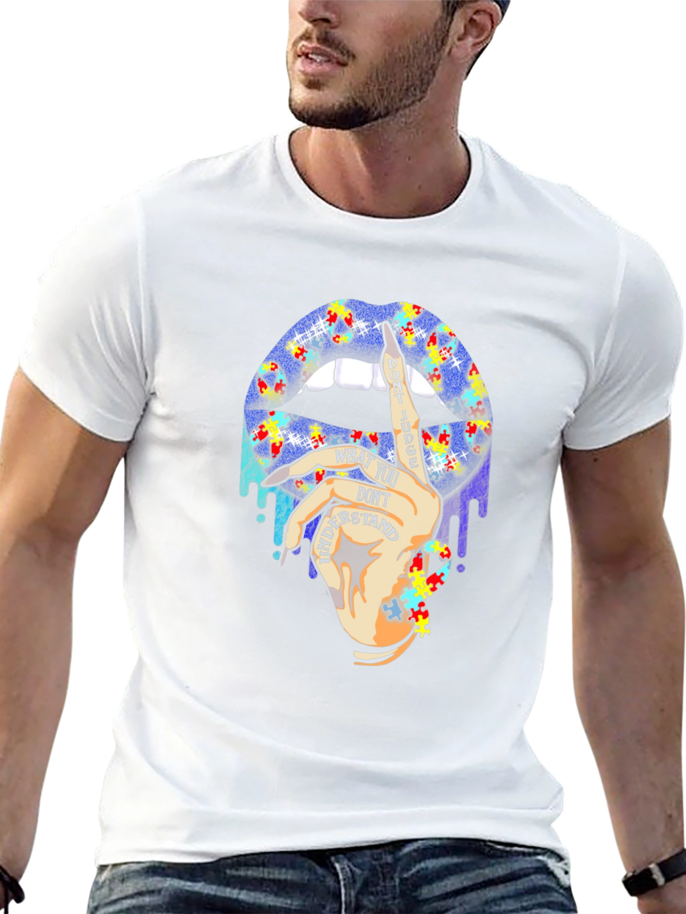 Autism Awareness Puzzle Lips Black T-Shirt