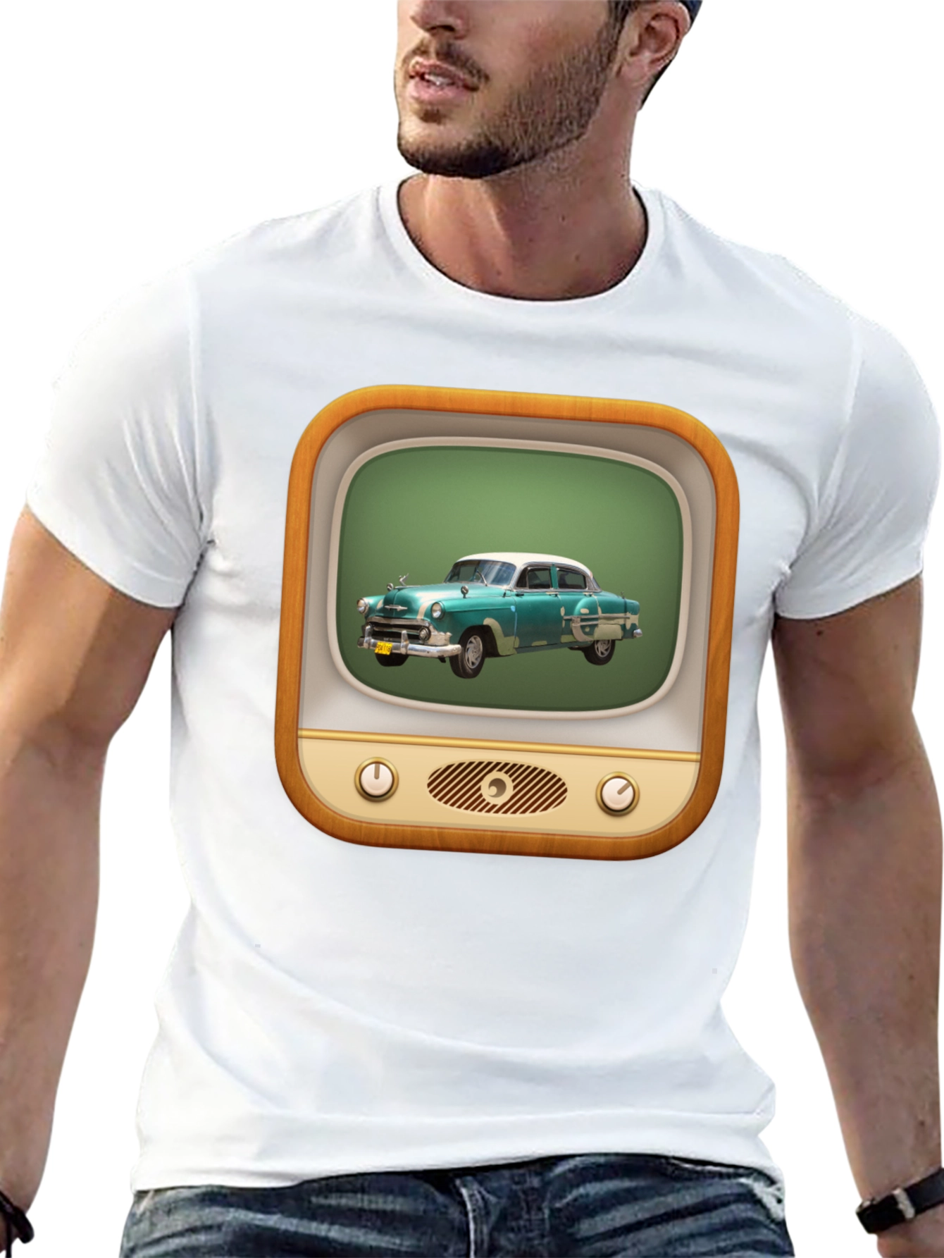 Retro Car TV Graphic Black T-Shirt