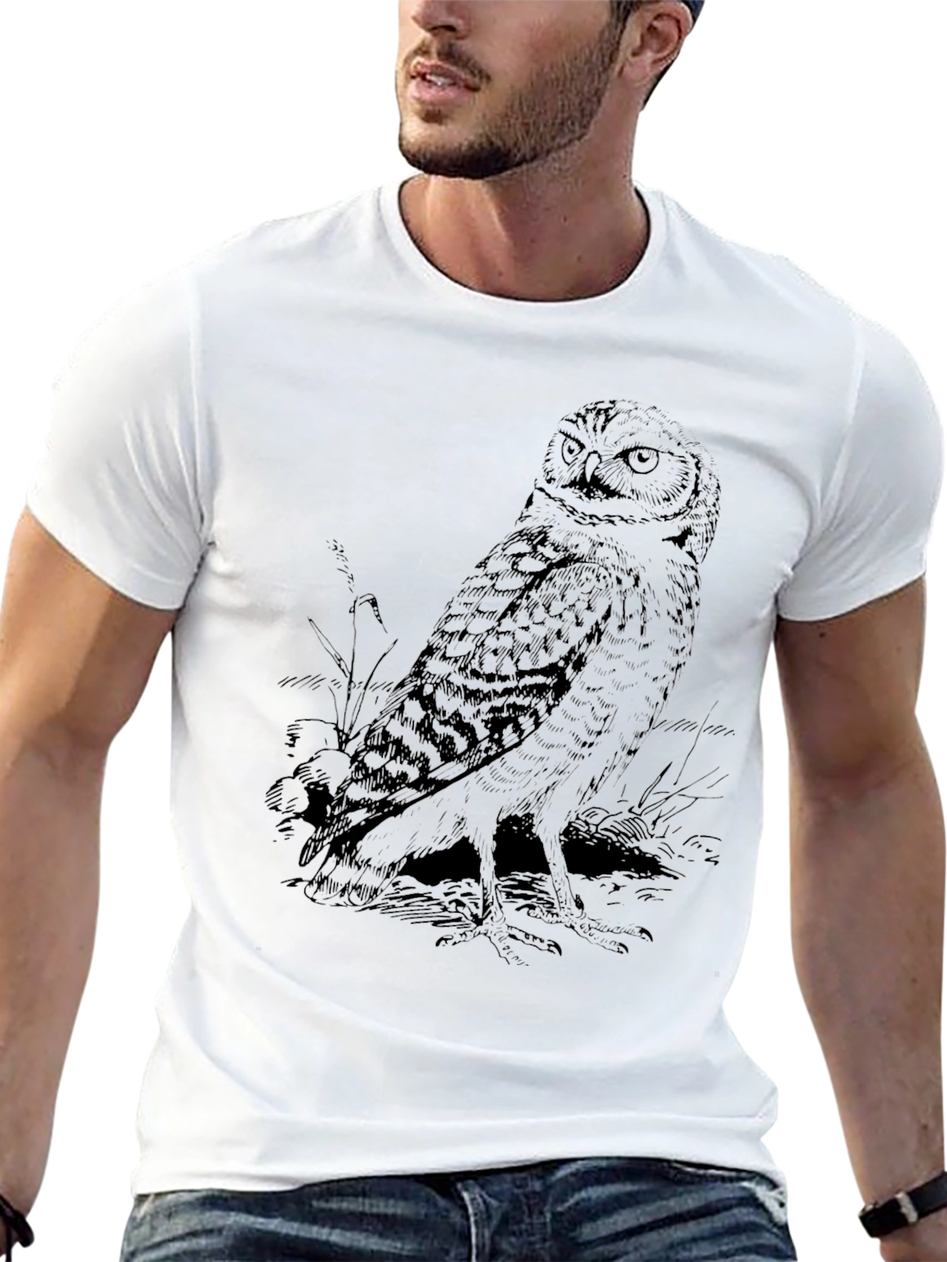 Owl Graphic Print Black Crew Neck T-Shirt