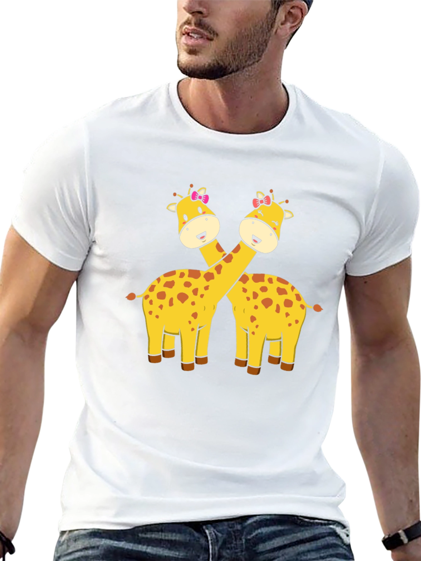 Cute Giraffe Couple Graphic T-Shirt - Black